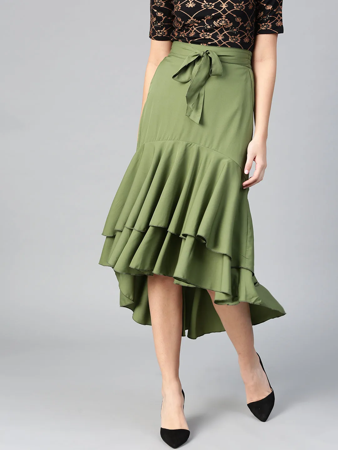 Olive Long Ruffle High Low Skirt (Sku-BLMG12804)