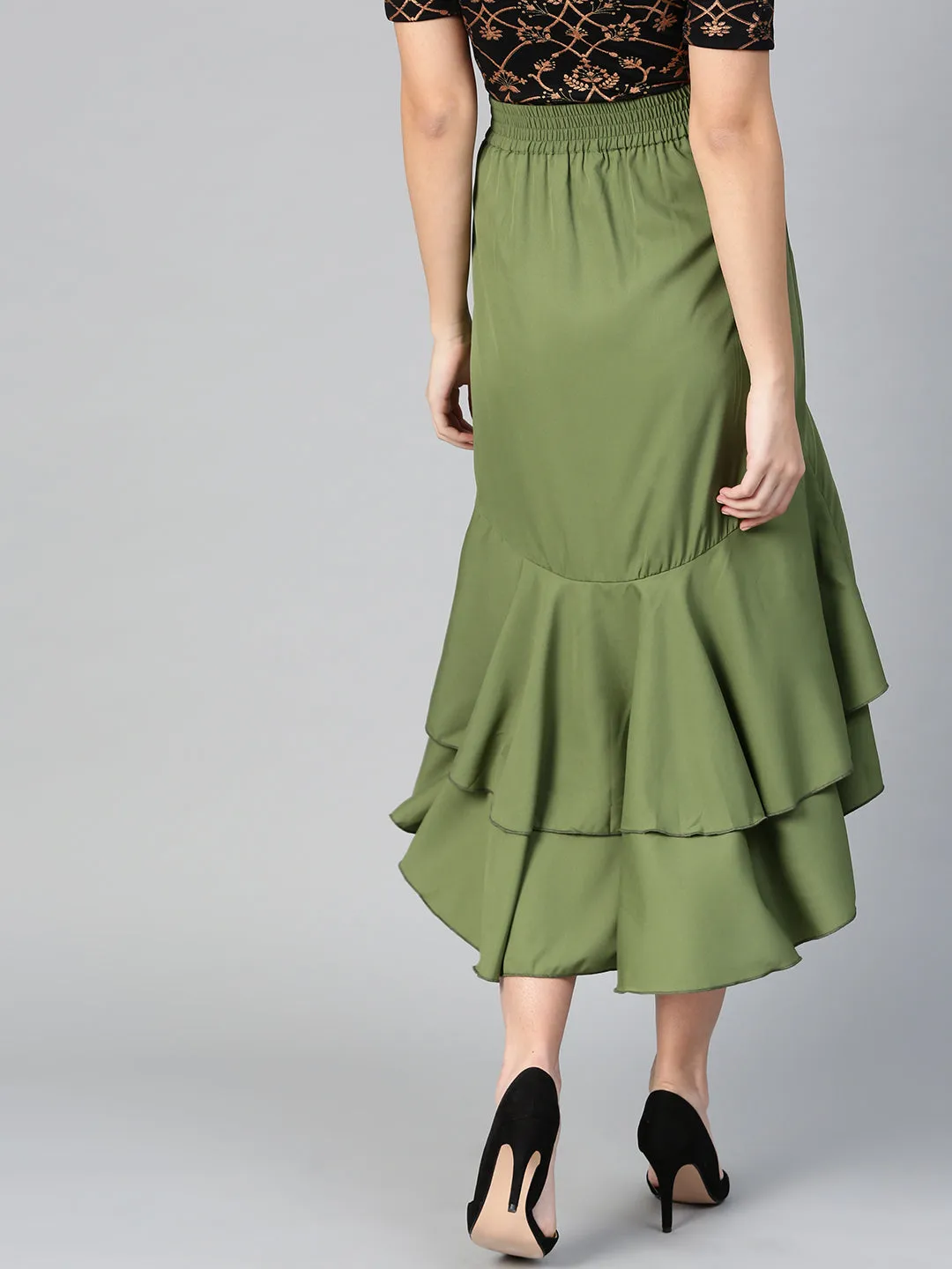 Olive Long Ruffle High Low Skirt (Sku-BLMG12804)