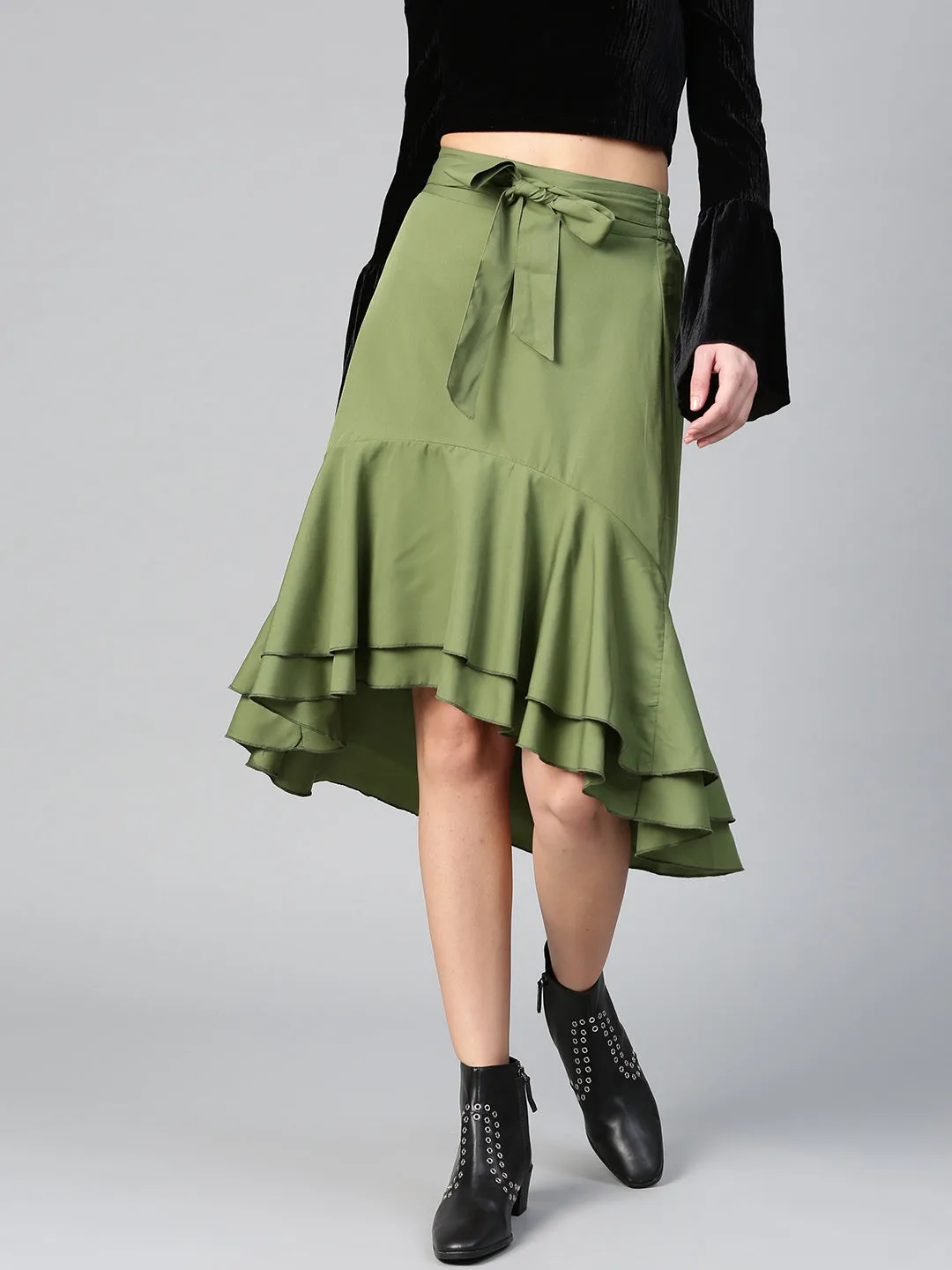 Olive Ruffled High Low Skirt (Sku-BLMG12807)