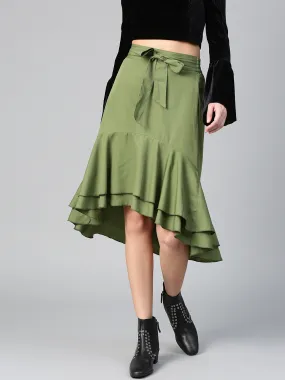 Olive Ruffled High Low Skirt (Sku-BLMG12807)