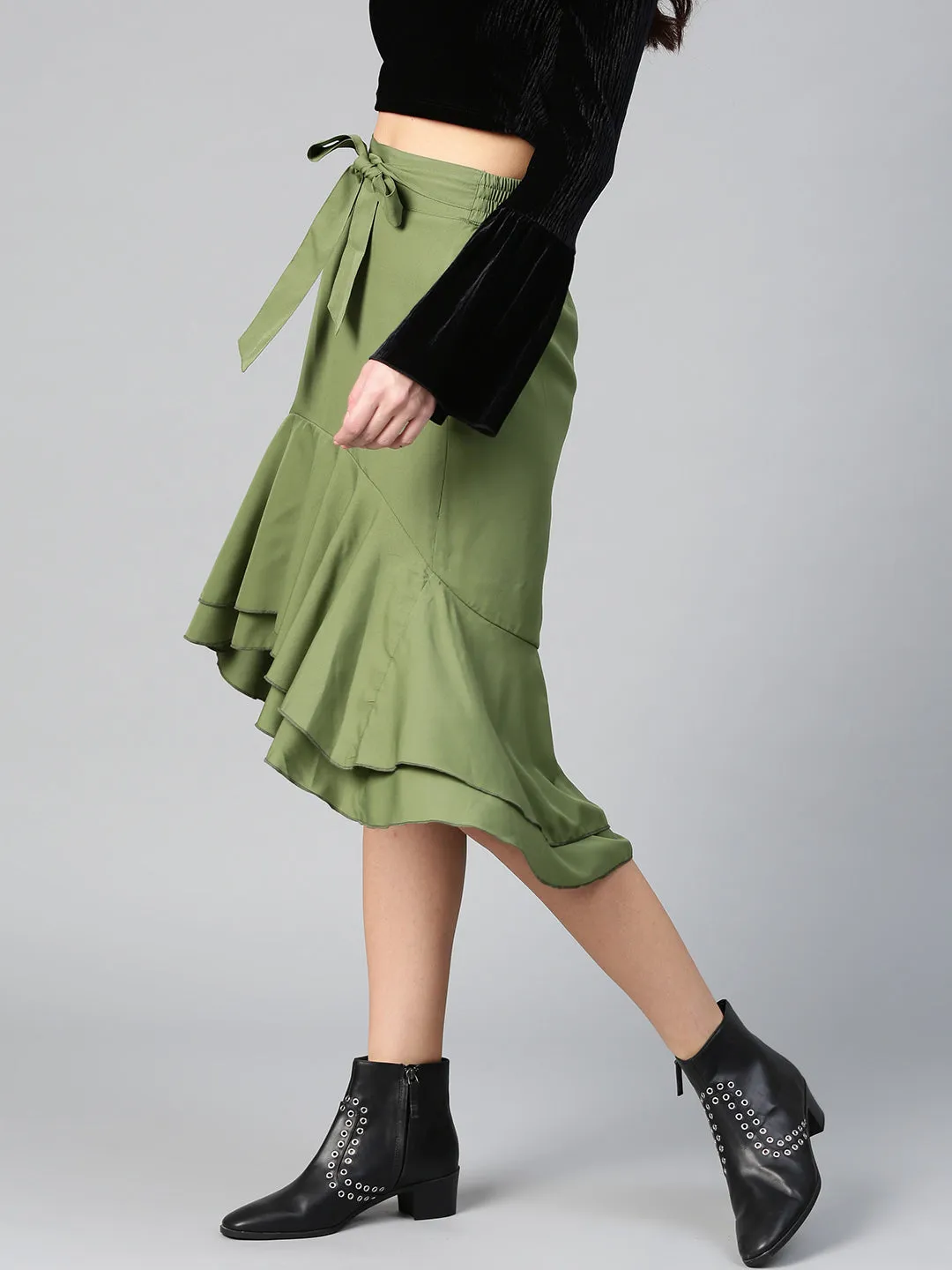 Olive Ruffled High Low Skirt (Sku-BLMG12807)