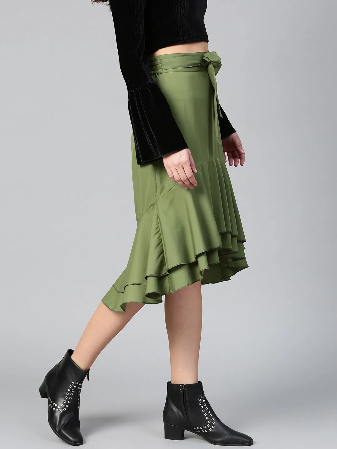 Olive Ruffled High Low Skirt (Sku-BLMG12807)