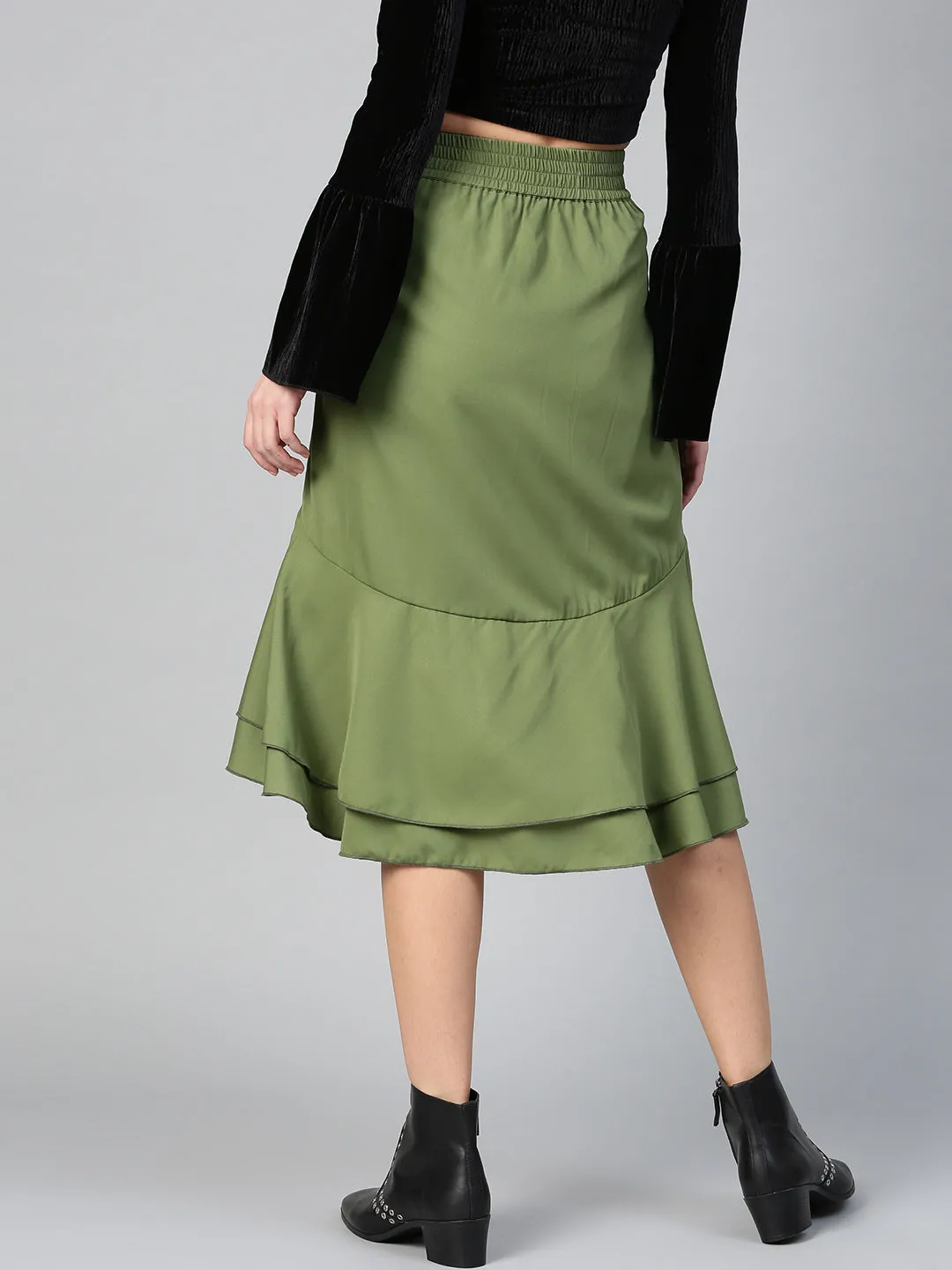 Olive Ruffled High Low Skirt (Sku-BLMG12807)