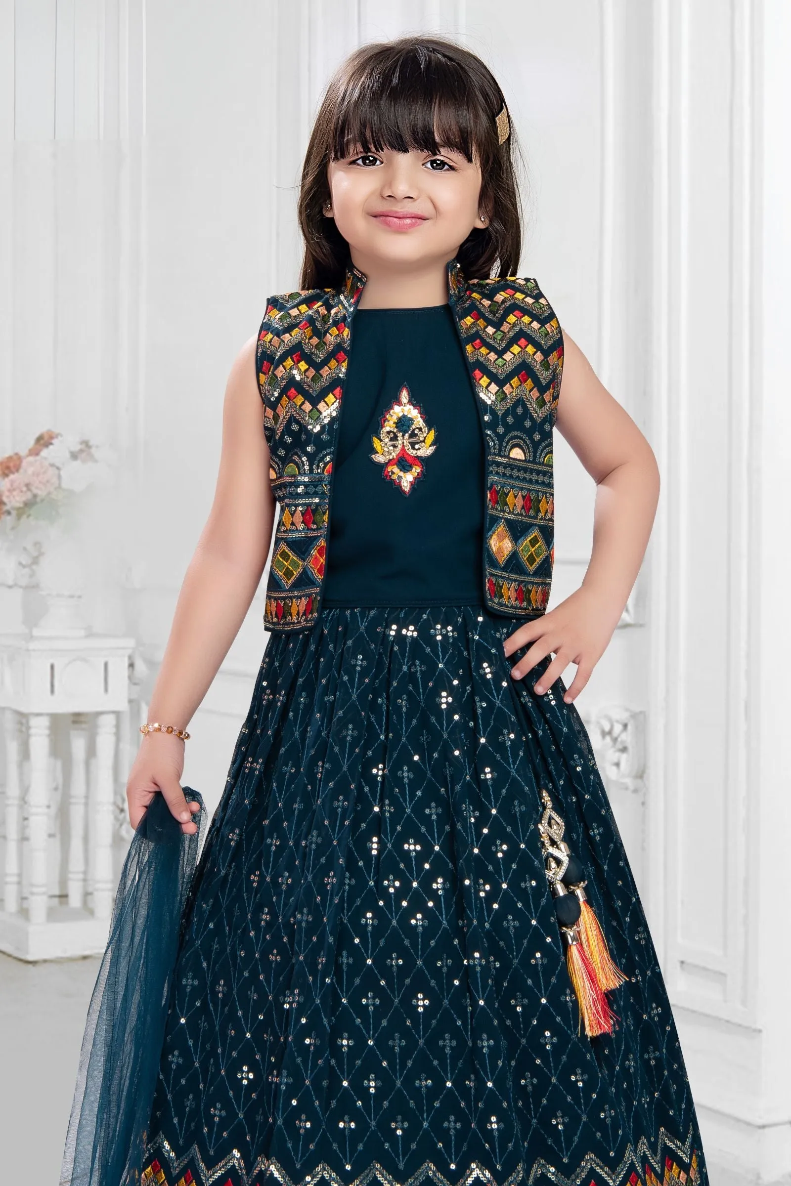 Peacock Blue Multicolor Embroidery work Overcoat Styled Lehenga Choli for Girls