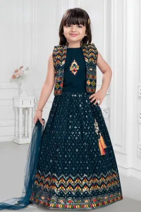 Peacock Blue Multicolor Embroidery work Overcoat Styled Lehenga Choli for Girls