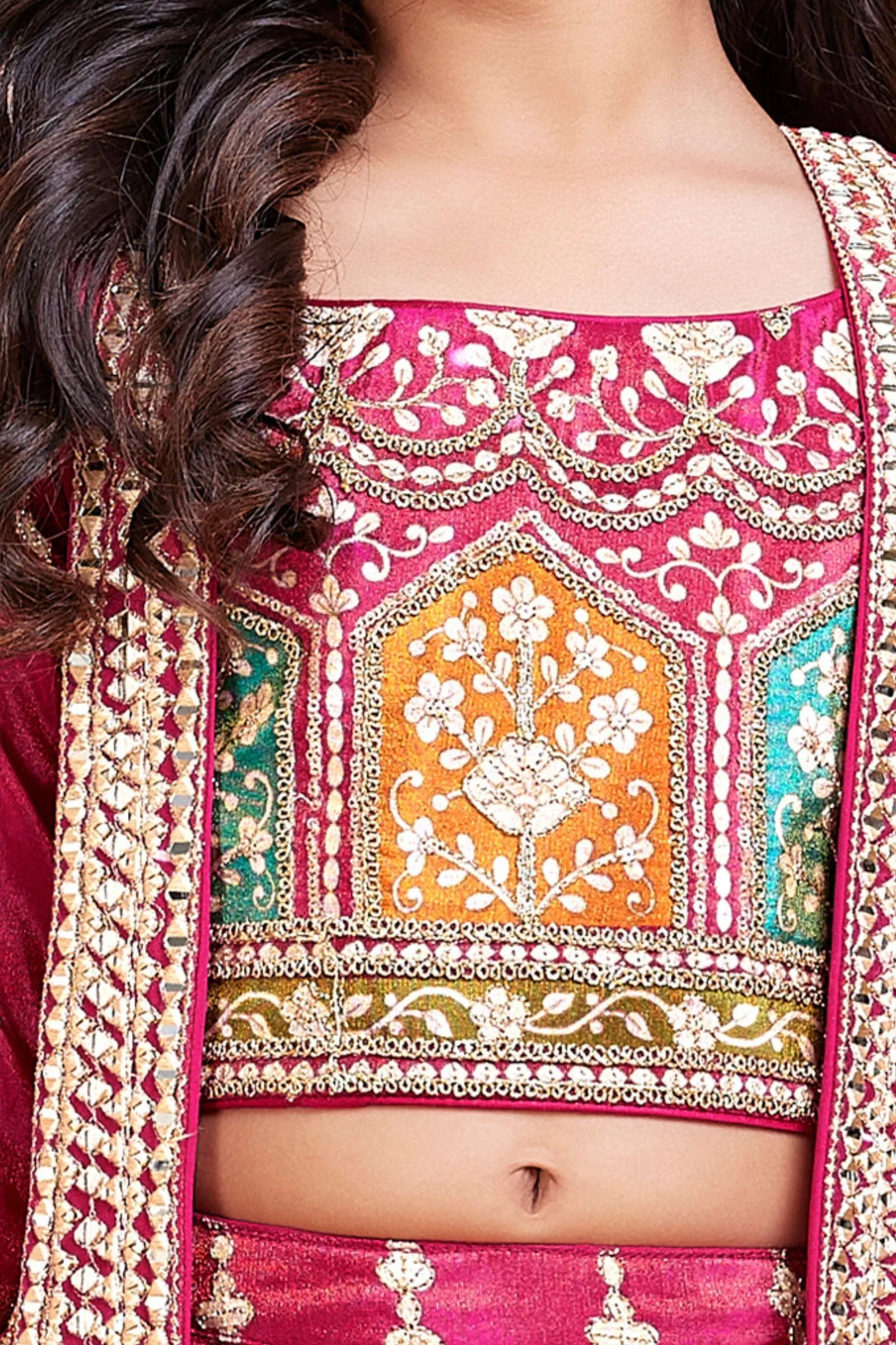 Pink Mirror and Zari work with Multicolor Digital Print Jacket Styled Lehenga Choli for Girls