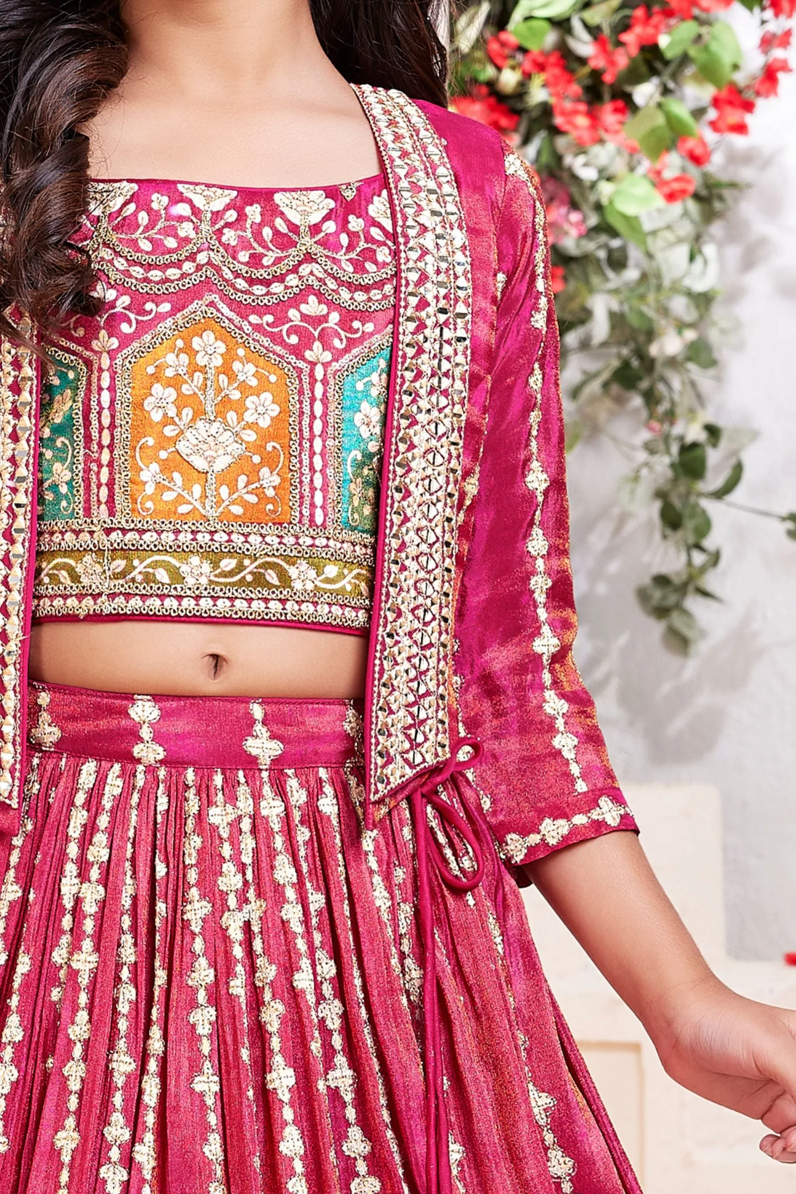 Pink Mirror and Zari work with Multicolor Digital Print Jacket Styled Lehenga Choli for Girls