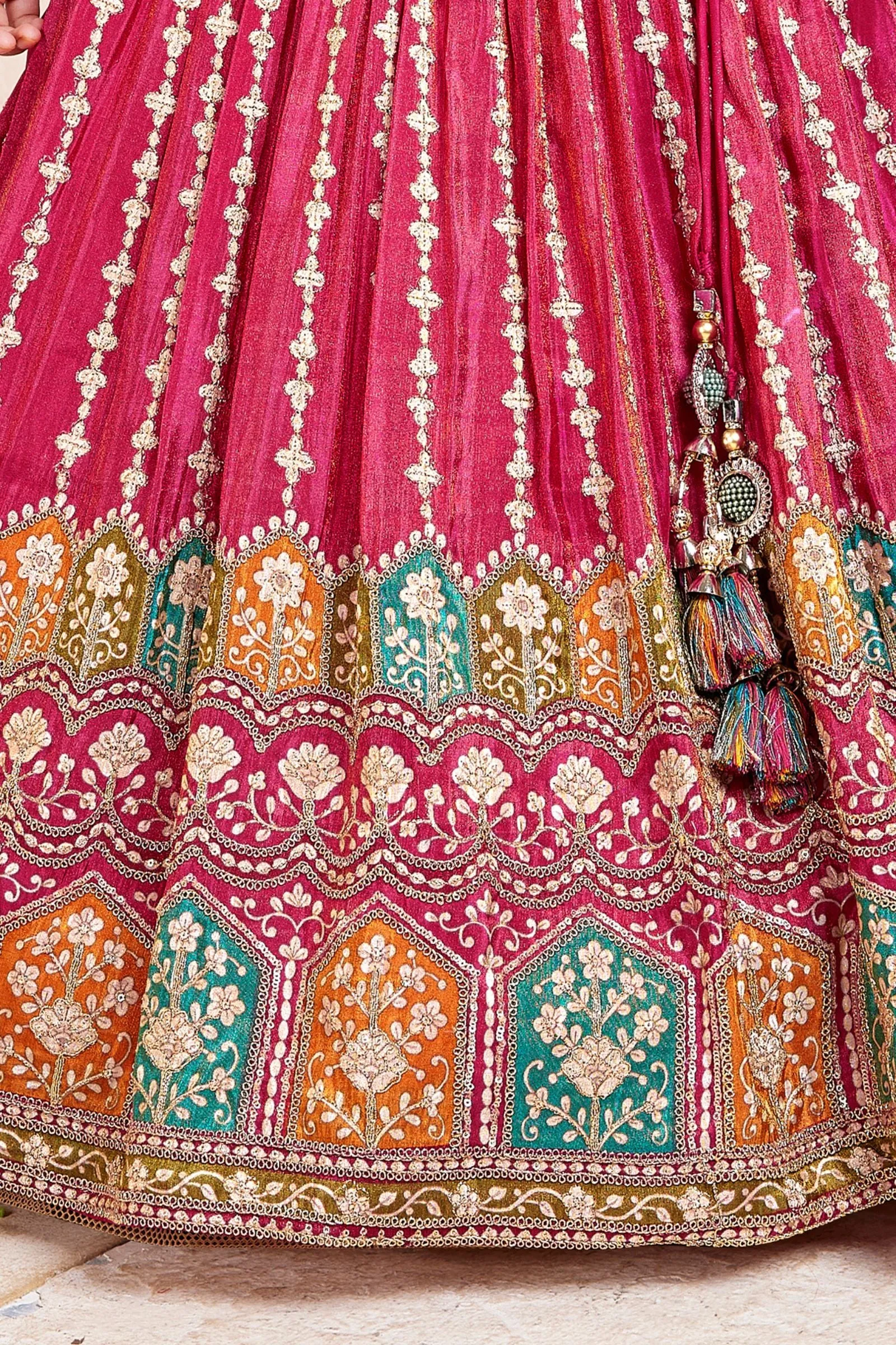 Pink Mirror and Zari work with Multicolor Digital Print Jacket Styled Lehenga Choli for Girls