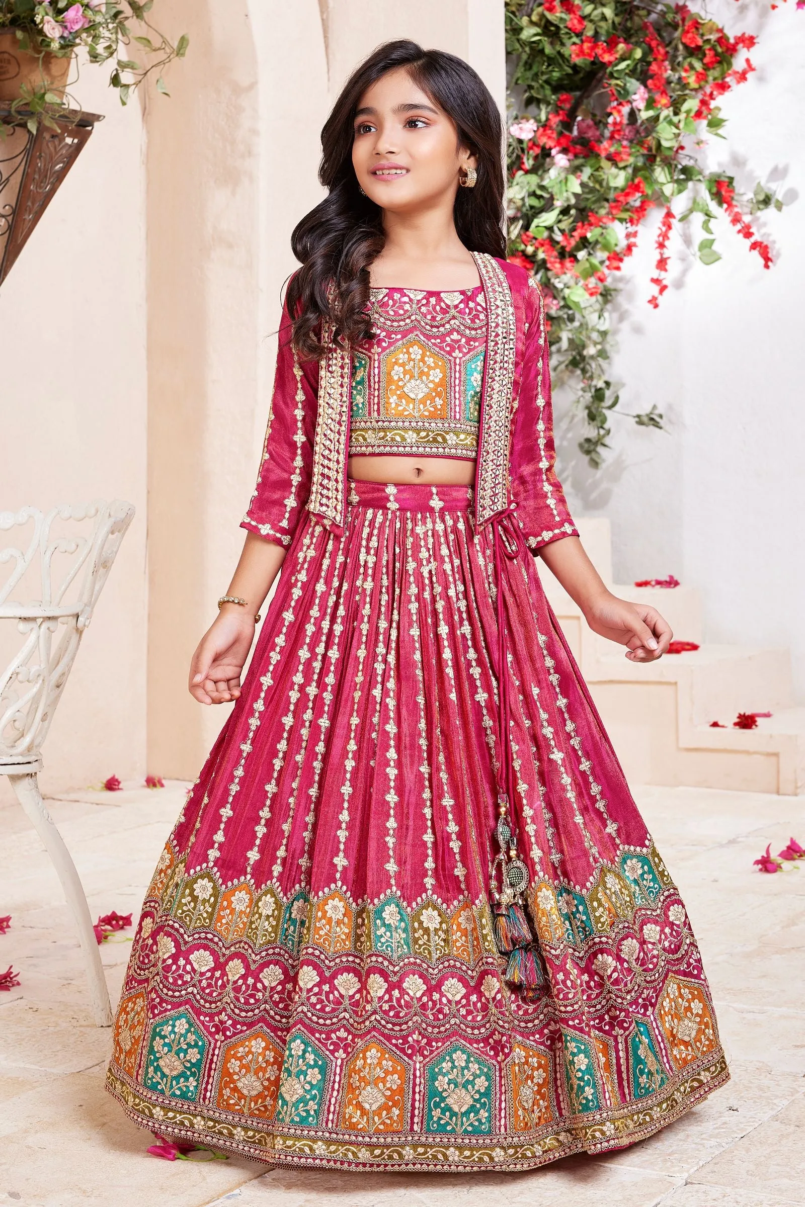 Pink Mirror and Zari work with Multicolor Digital Print Jacket Styled Lehenga Choli for Girls