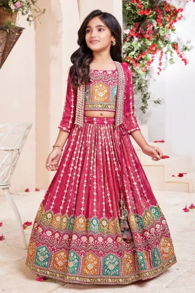 Pink Mirror and Zari work with Multicolor Digital Print Jacket Styled Lehenga Choli for Girls
