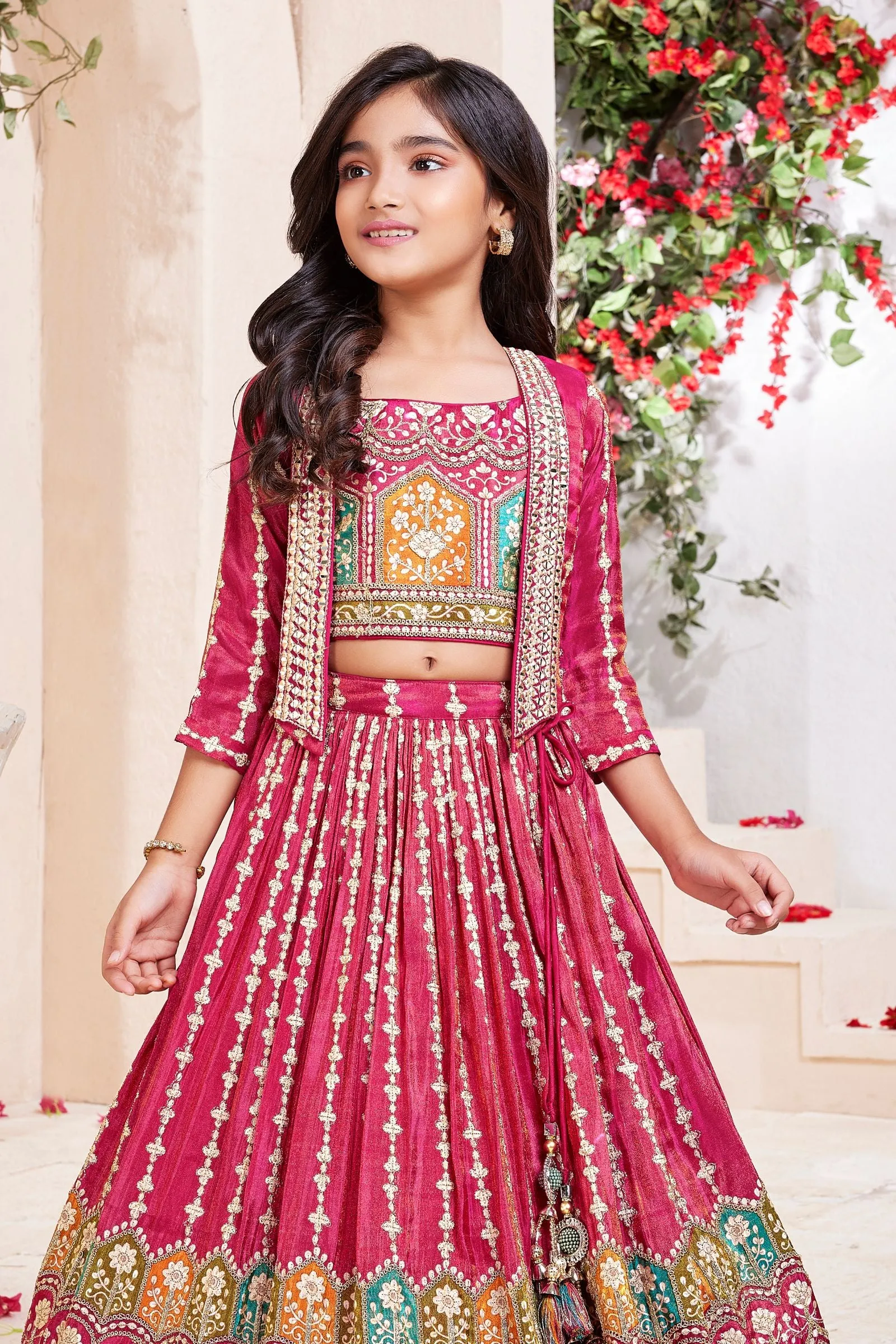 Pink Mirror and Zari work with Multicolor Digital Print Jacket Styled Lehenga Choli for Girls