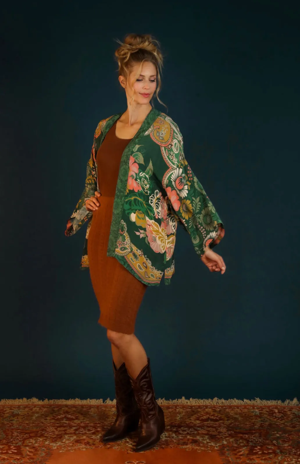 Powder Folk Art Floral Kimono Jacket - Fern