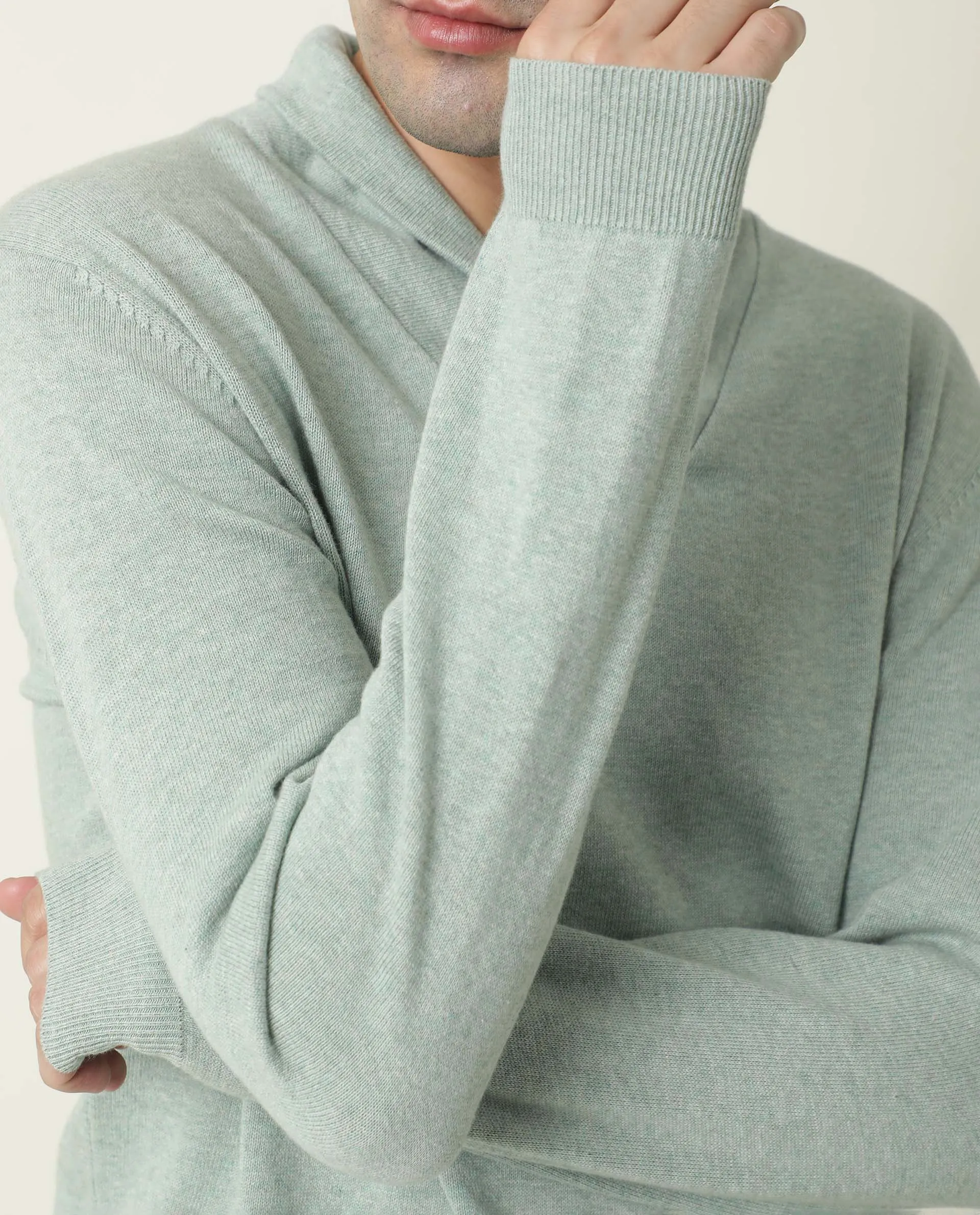 Rare Rabbit Men'S Denvy Light Green Pullover Cotton Fabric Cowl Neck Full Sleeves Slim Fit