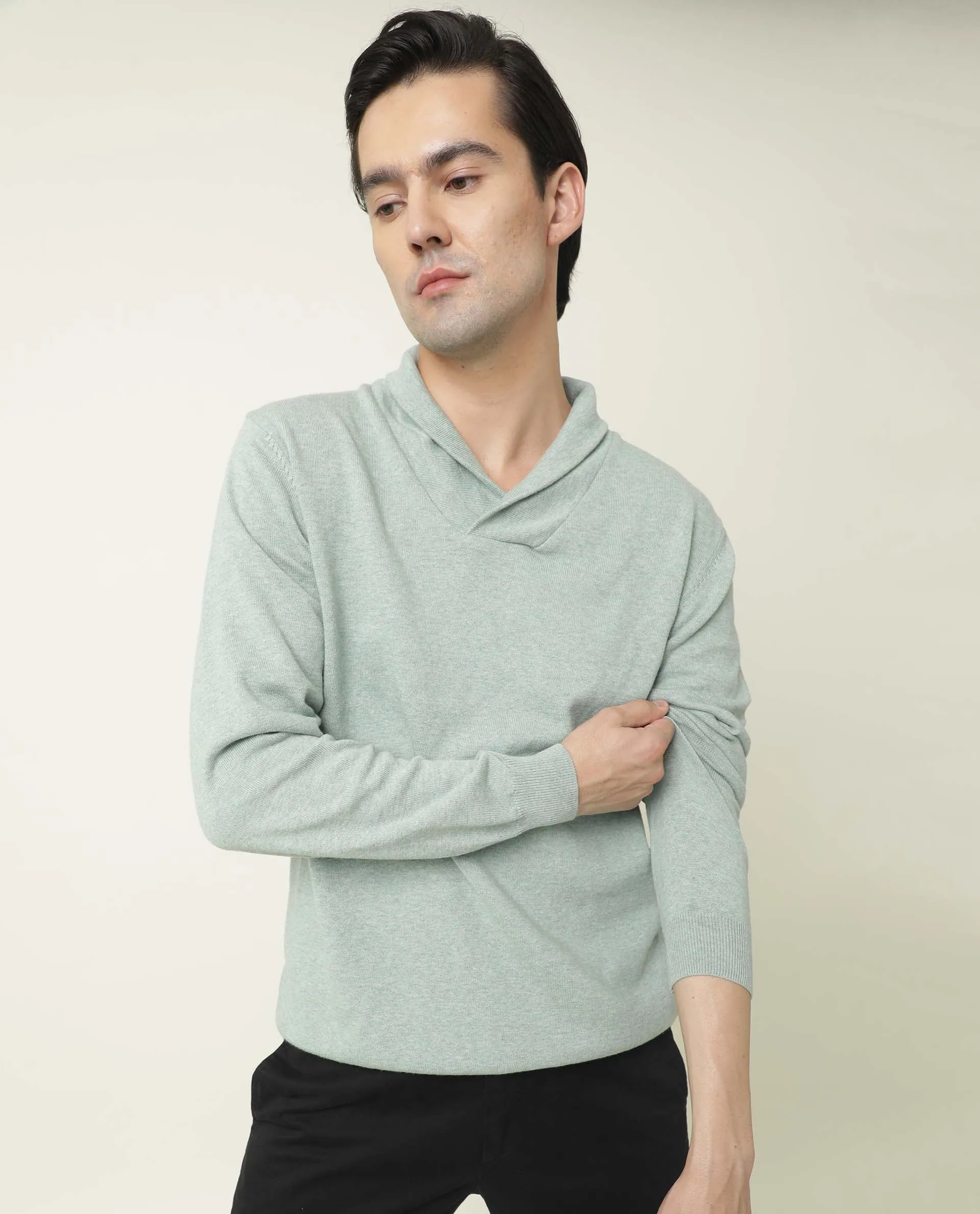 Rare Rabbit Men'S Denvy Light Green Pullover Cotton Fabric Cowl Neck Full Sleeves Slim Fit