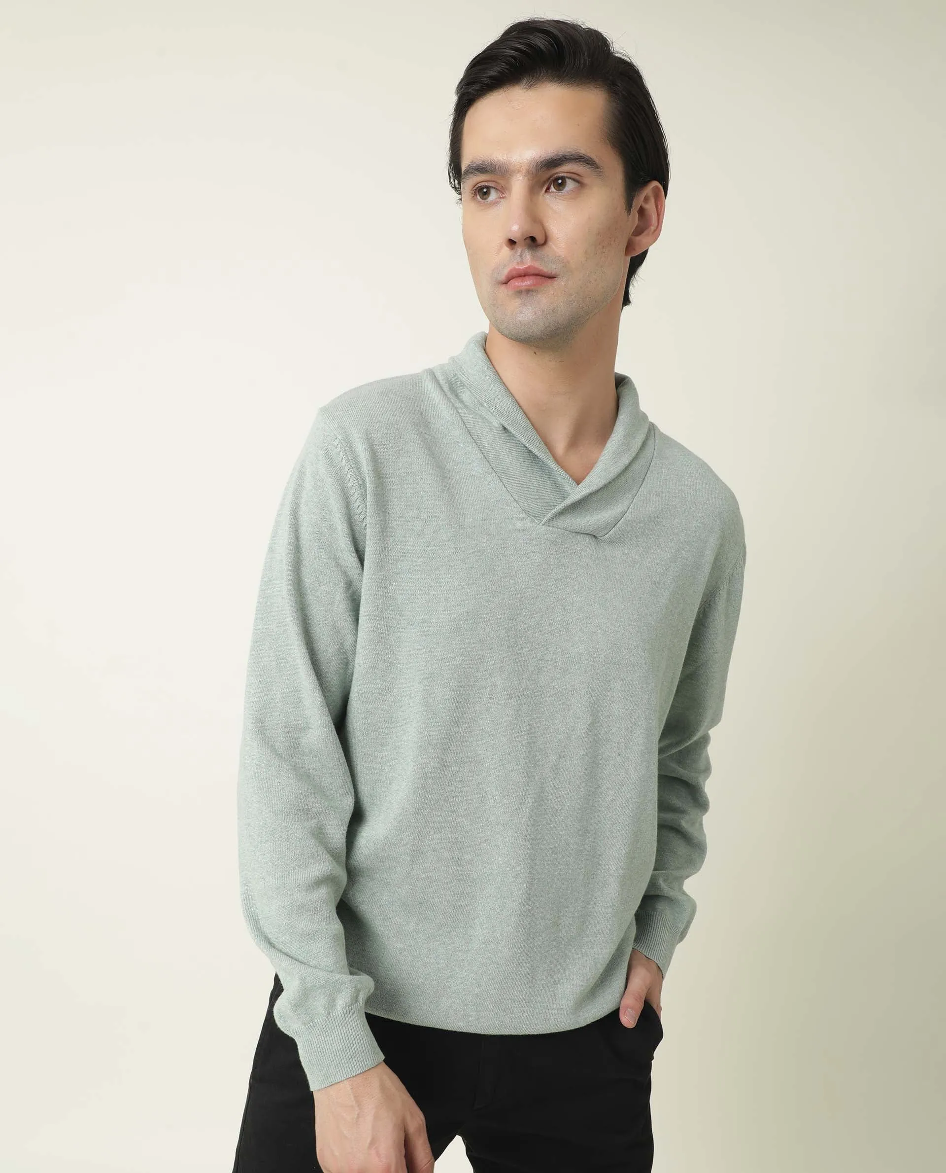 Rare Rabbit Men'S Denvy Light Green Pullover Cotton Fabric Cowl Neck Full Sleeves Slim Fit