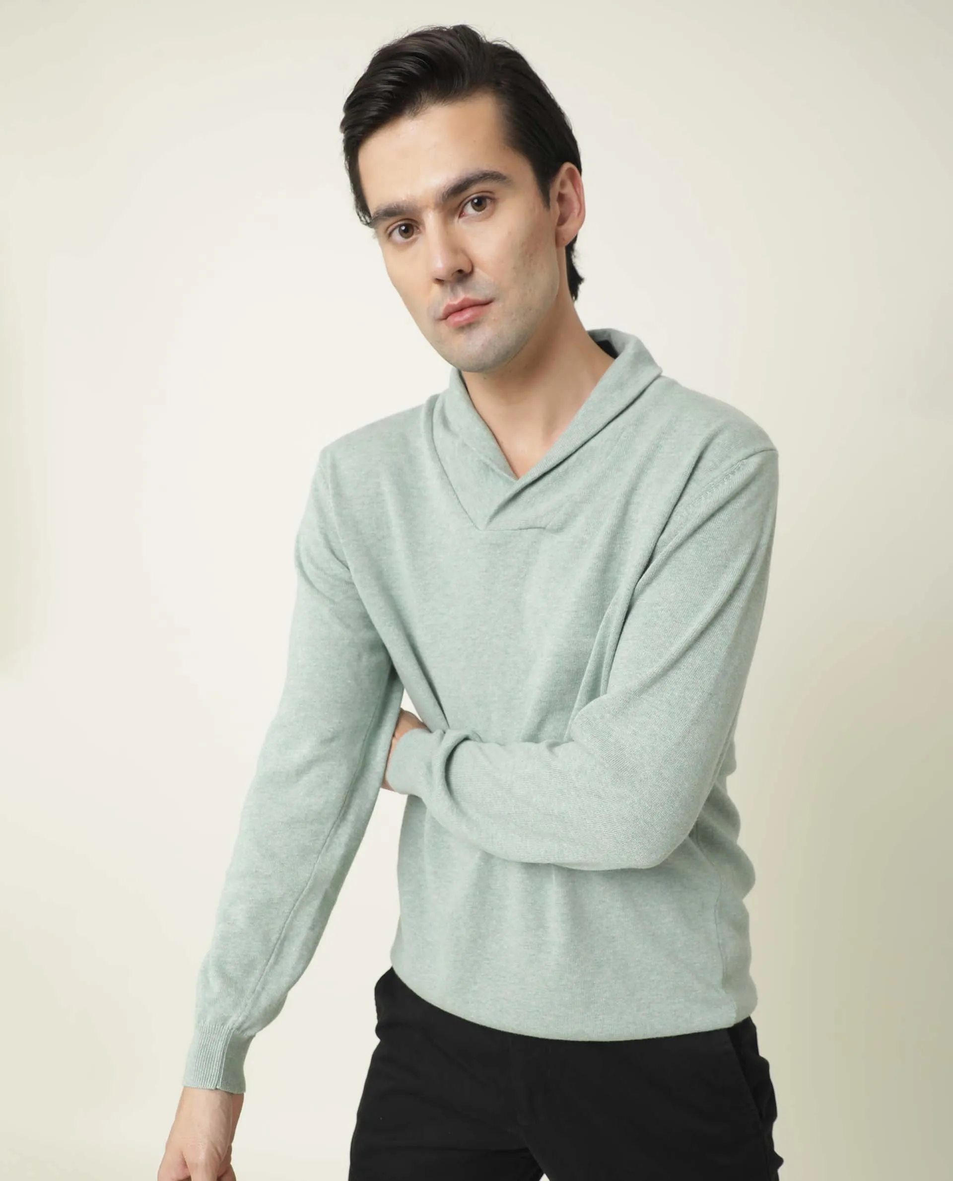 Rare Rabbit Men'S Denvy Light Green Pullover Cotton Fabric Cowl Neck Full Sleeves Slim Fit