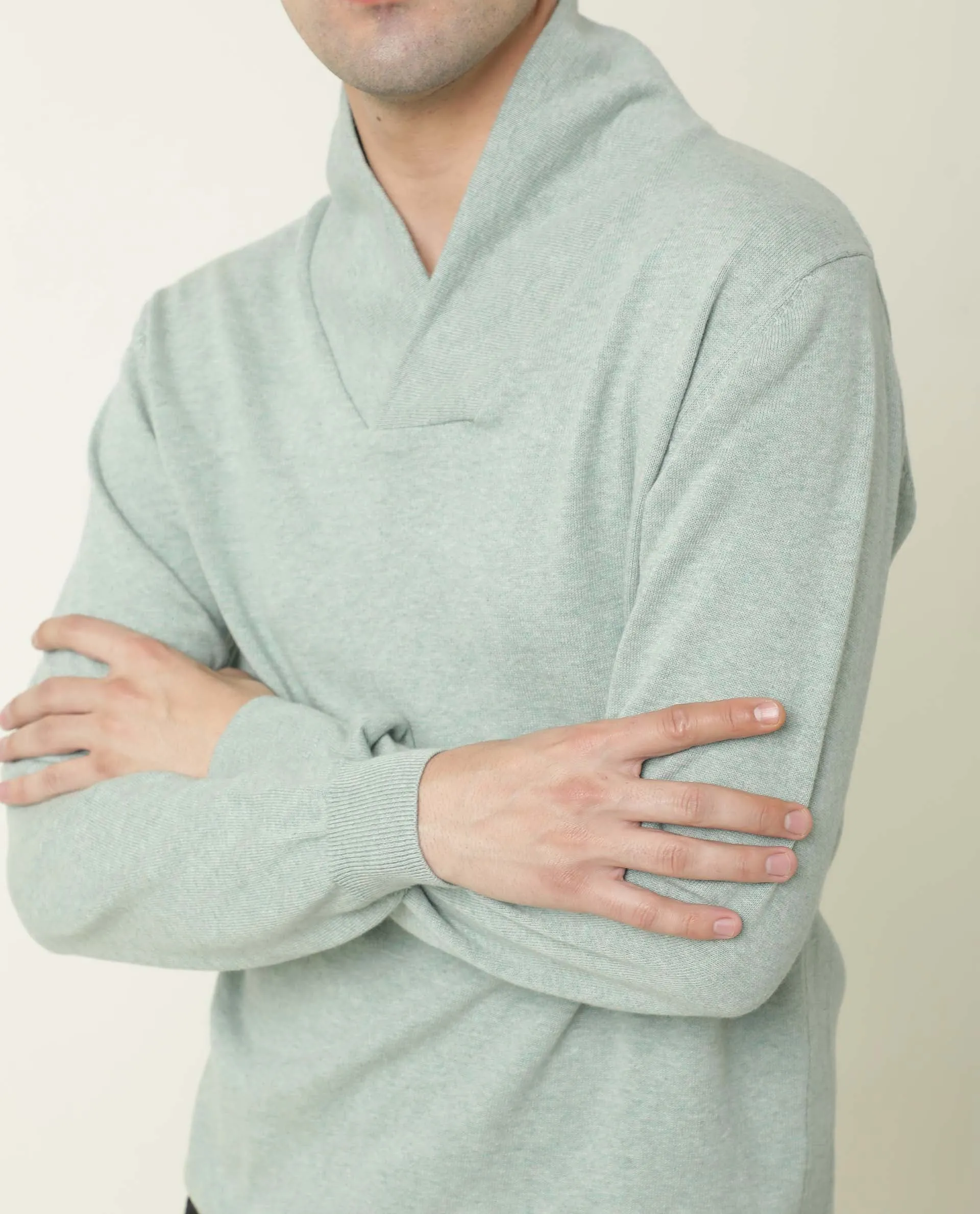 Rare Rabbit Men'S Denvy Light Green Pullover Cotton Fabric Cowl Neck Full Sleeves Slim Fit