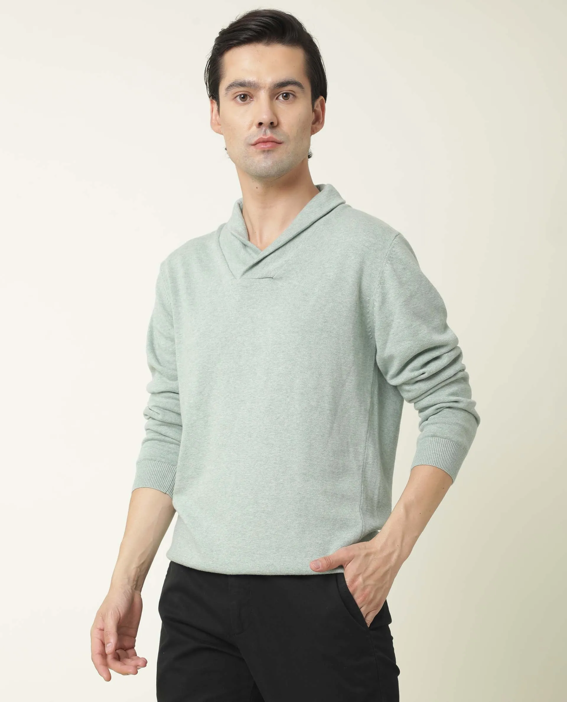 Rare Rabbit Men'S Denvy Light Green Pullover Cotton Fabric Cowl Neck Full Sleeves Slim Fit