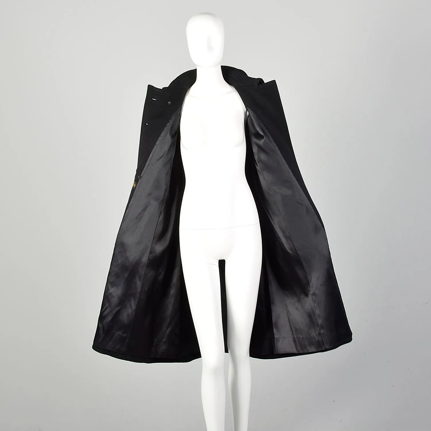 Small 1960s Mod Winter Coat Black Wool Double Breasted Overcoat