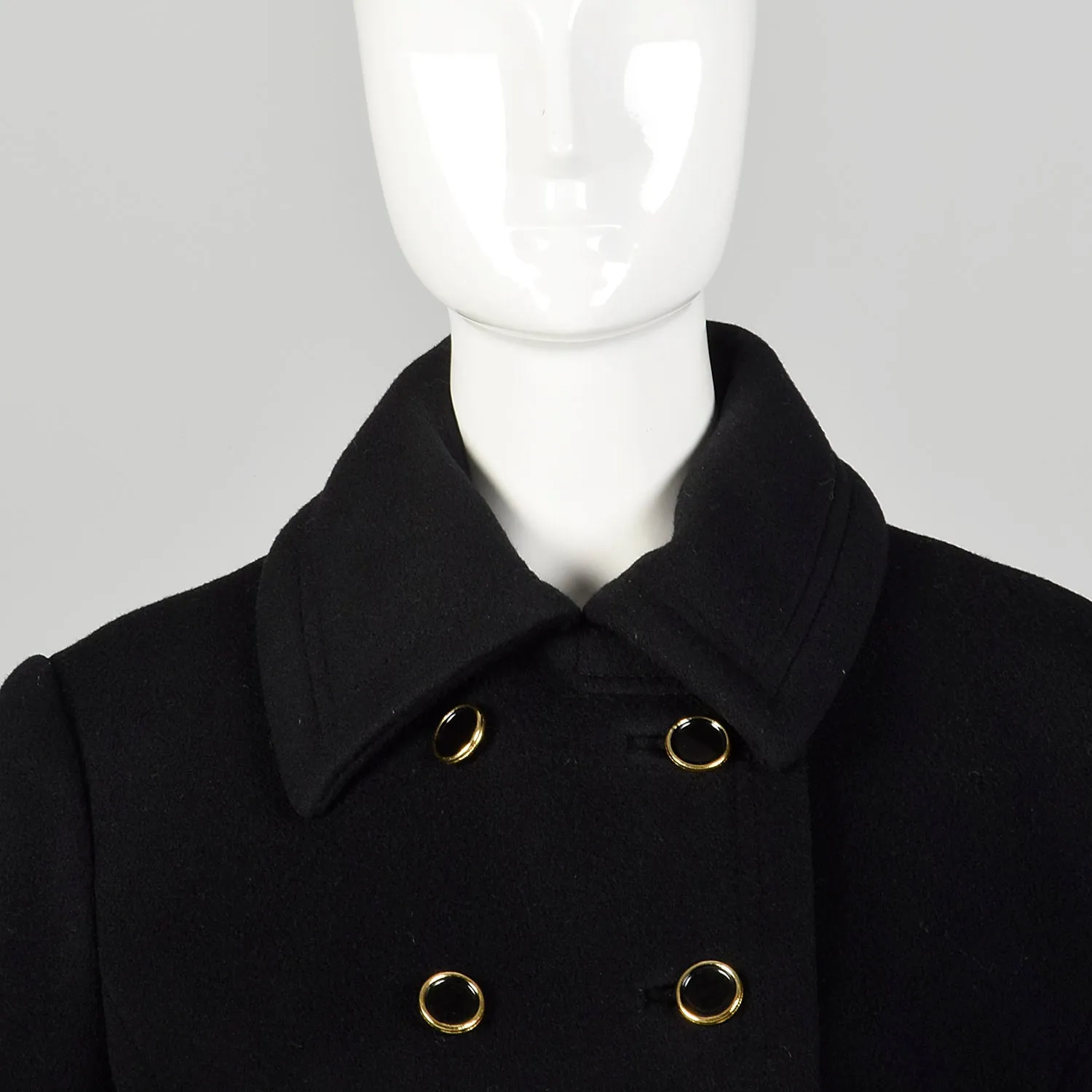 Small 1960s Mod Winter Coat Black Wool Double Breasted Overcoat