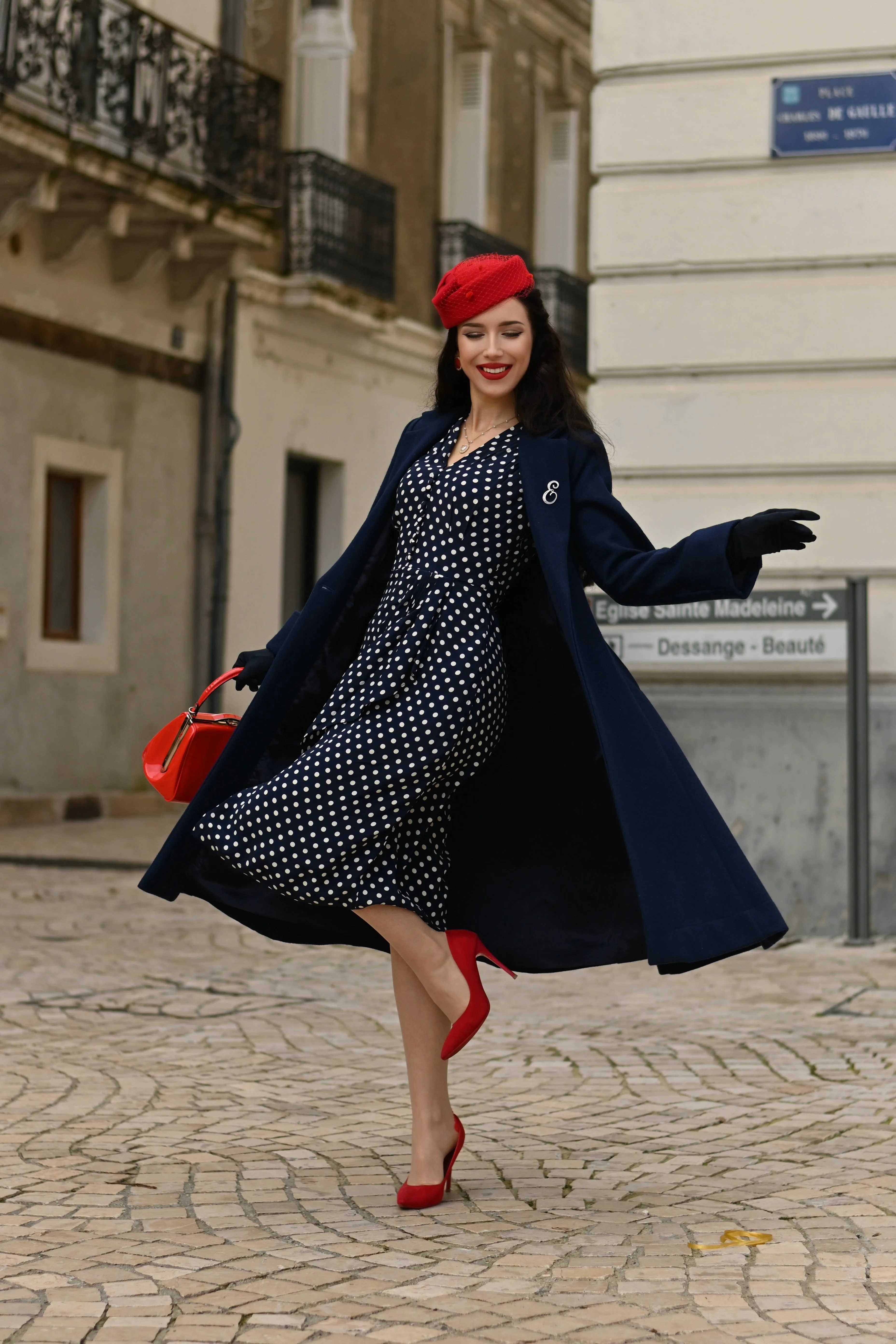 The Elizabeth Coat in Navy, 100% Wool & Satin Lined. A Classic Fitted 1940s Styled Overcoat