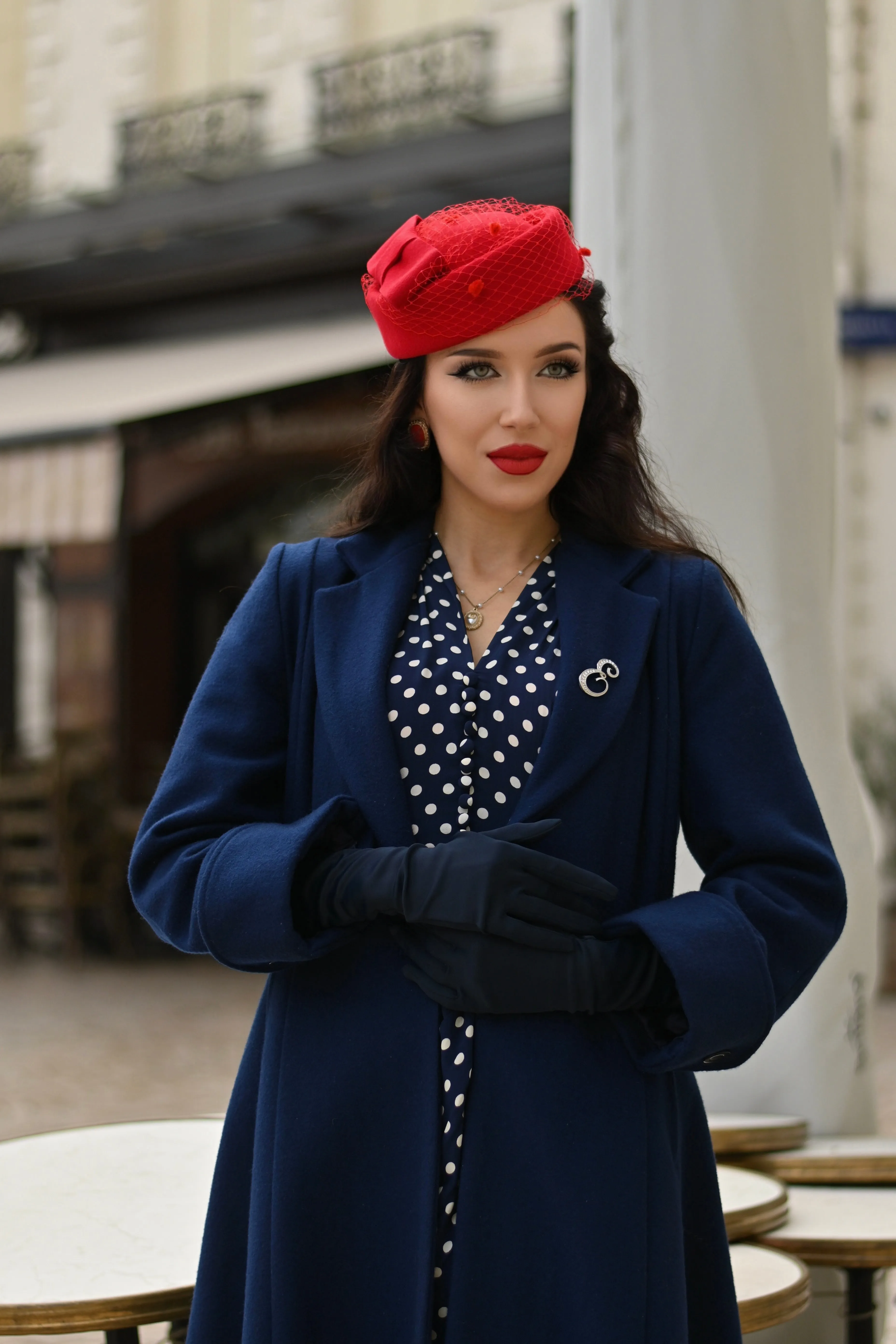 The Elizabeth Coat in Navy, 100% Wool & Satin Lined. A Classic Fitted 1940s Styled Overcoat
