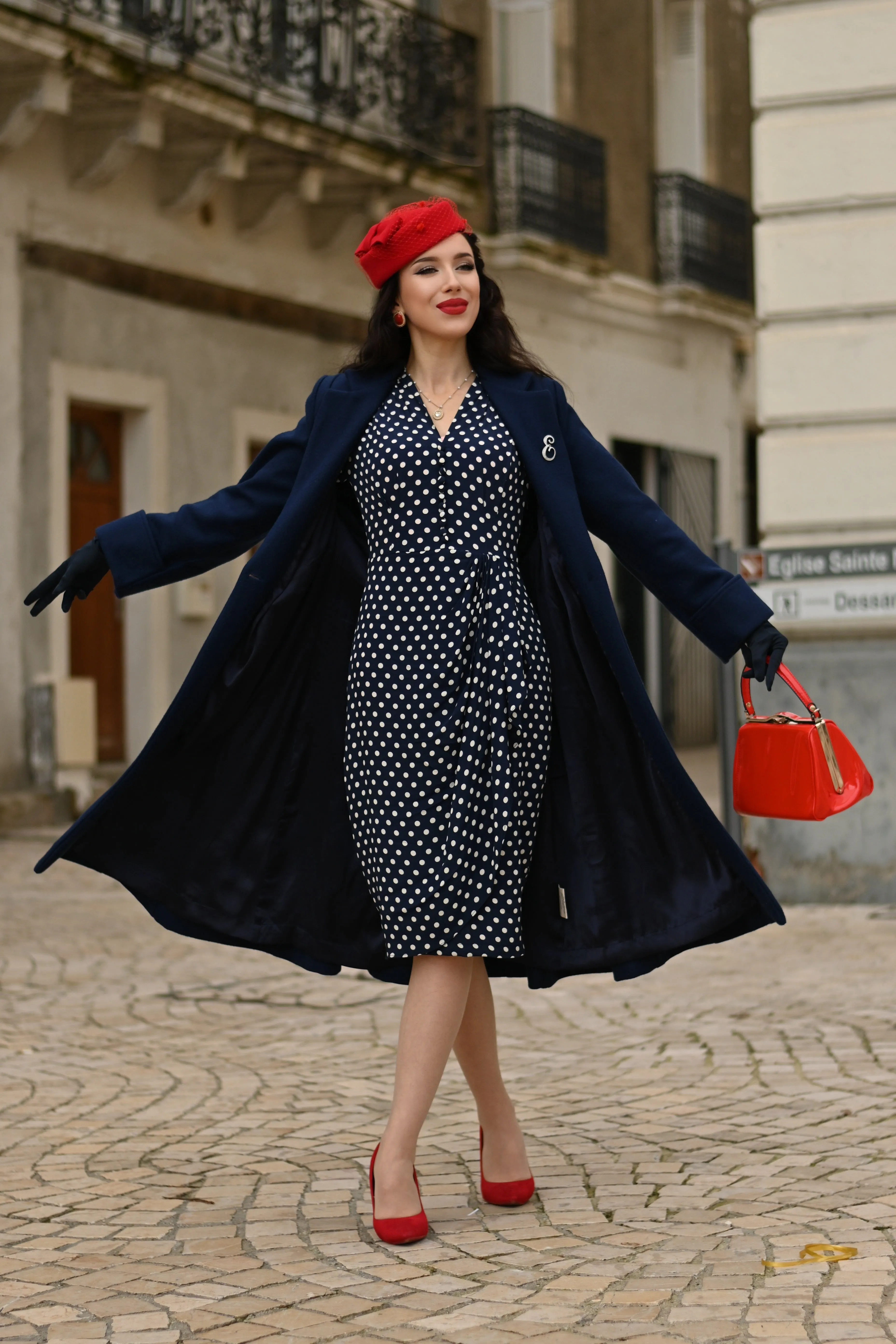 The Elizabeth Coat in Navy, 100% Wool & Satin Lined. A Classic Fitted 1940s Styled Overcoat