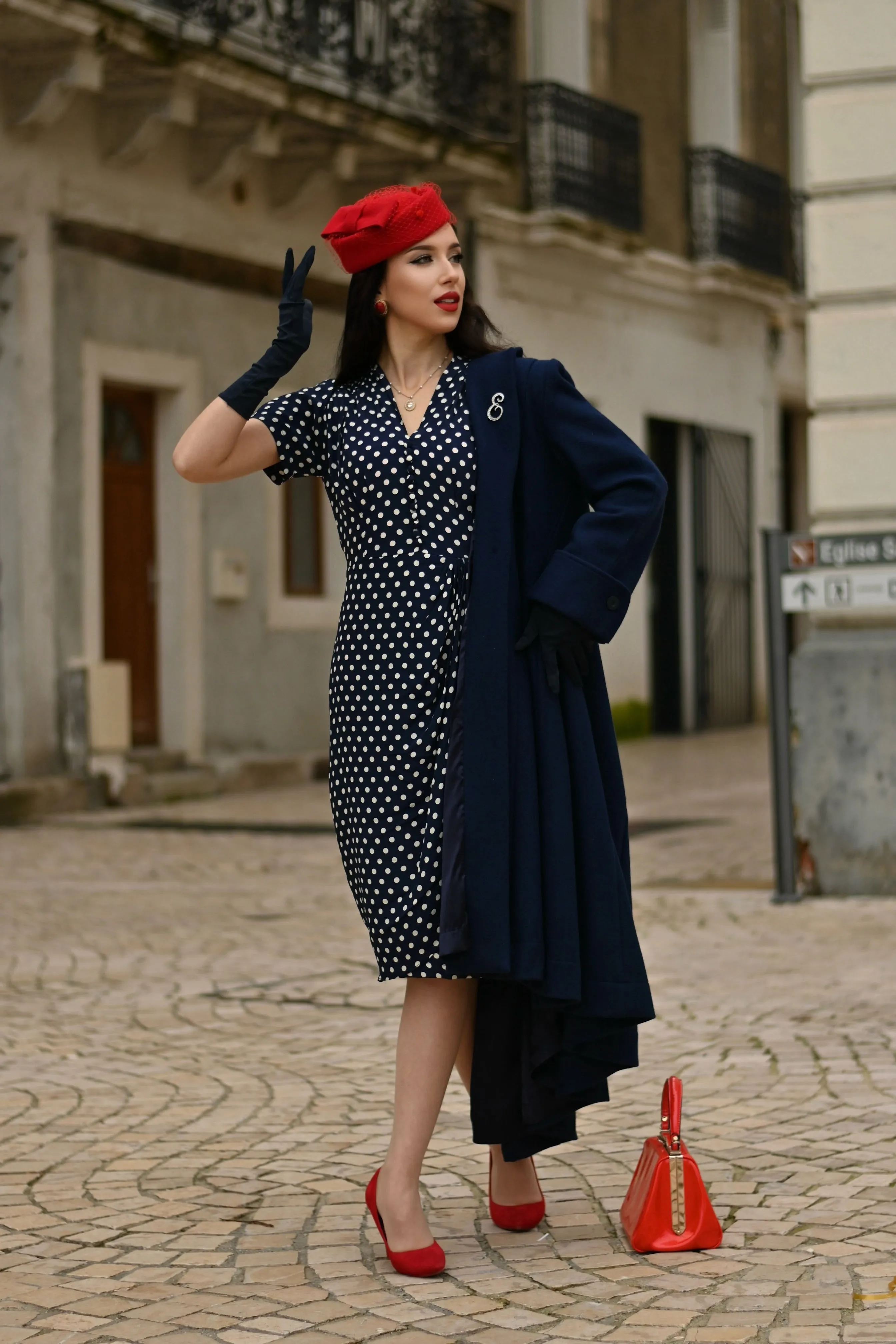 The Elizabeth Coat in Navy, 100% Wool & Satin Lined. A Classic Fitted 1940s Styled Overcoat