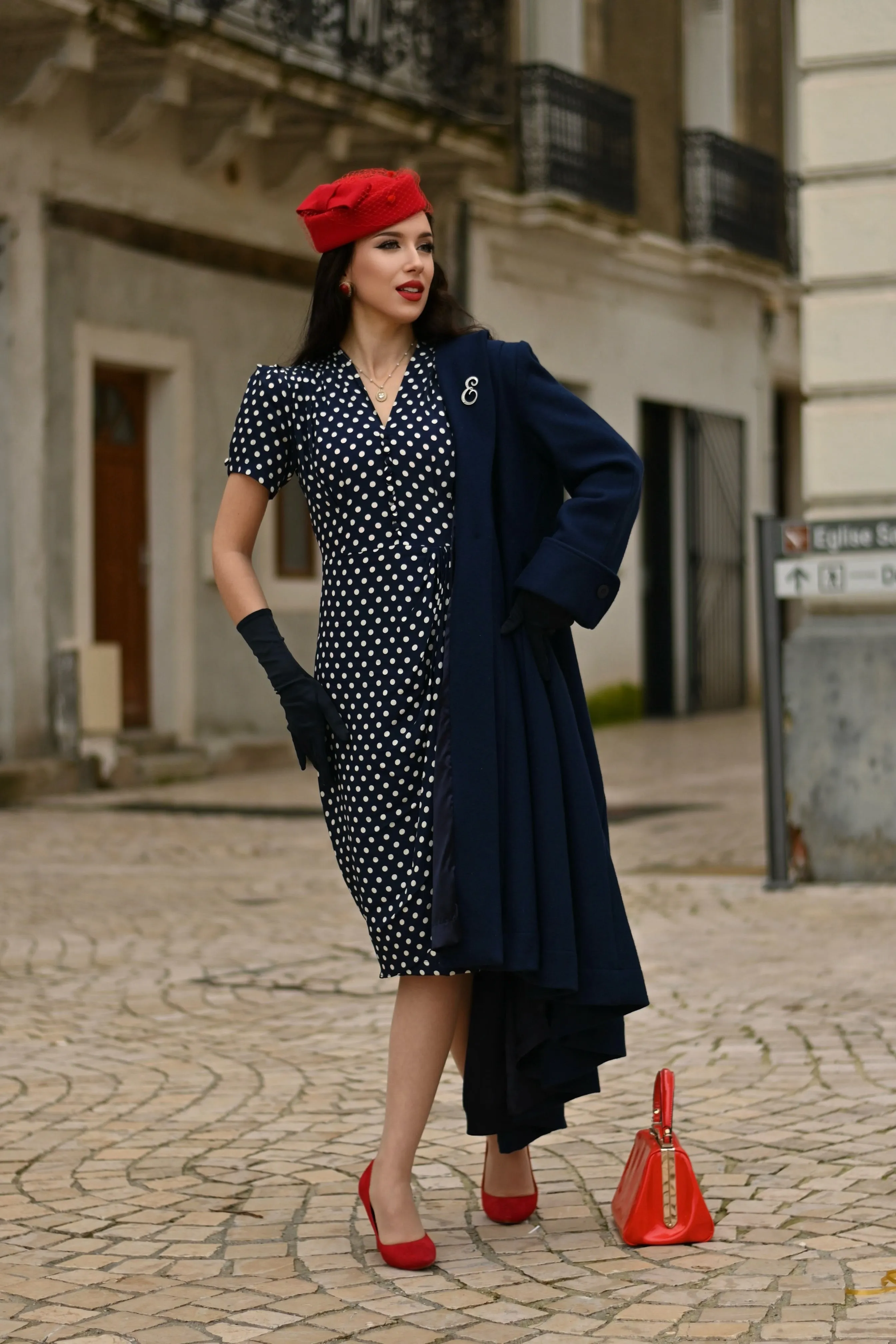 The Elizabeth Coat in Navy, 100% Wool & Satin Lined. A Classic Fitted 1940s Styled Overcoat