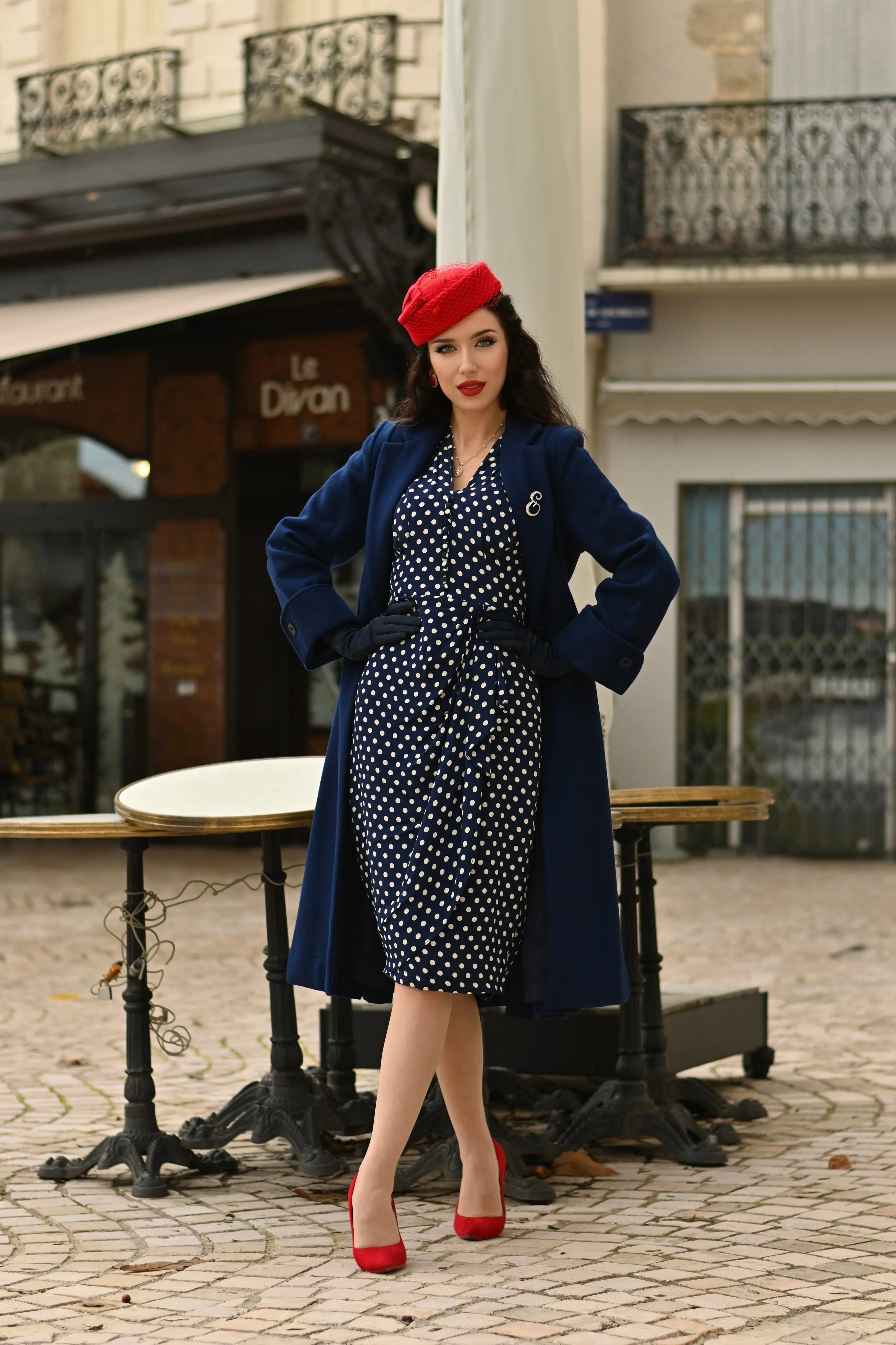 The Elizabeth Coat in Navy, 100% Wool & Satin Lined. A Classic Fitted 1940s Styled Overcoat
