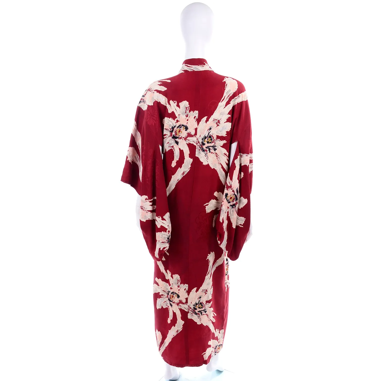 Vintage Floral Burgundy Red Silk Japanese Kimono Robe