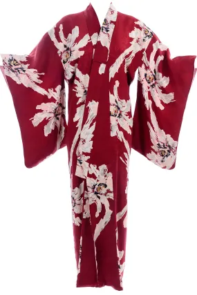 Vintage Floral Burgundy Red Silk Japanese Kimono Robe