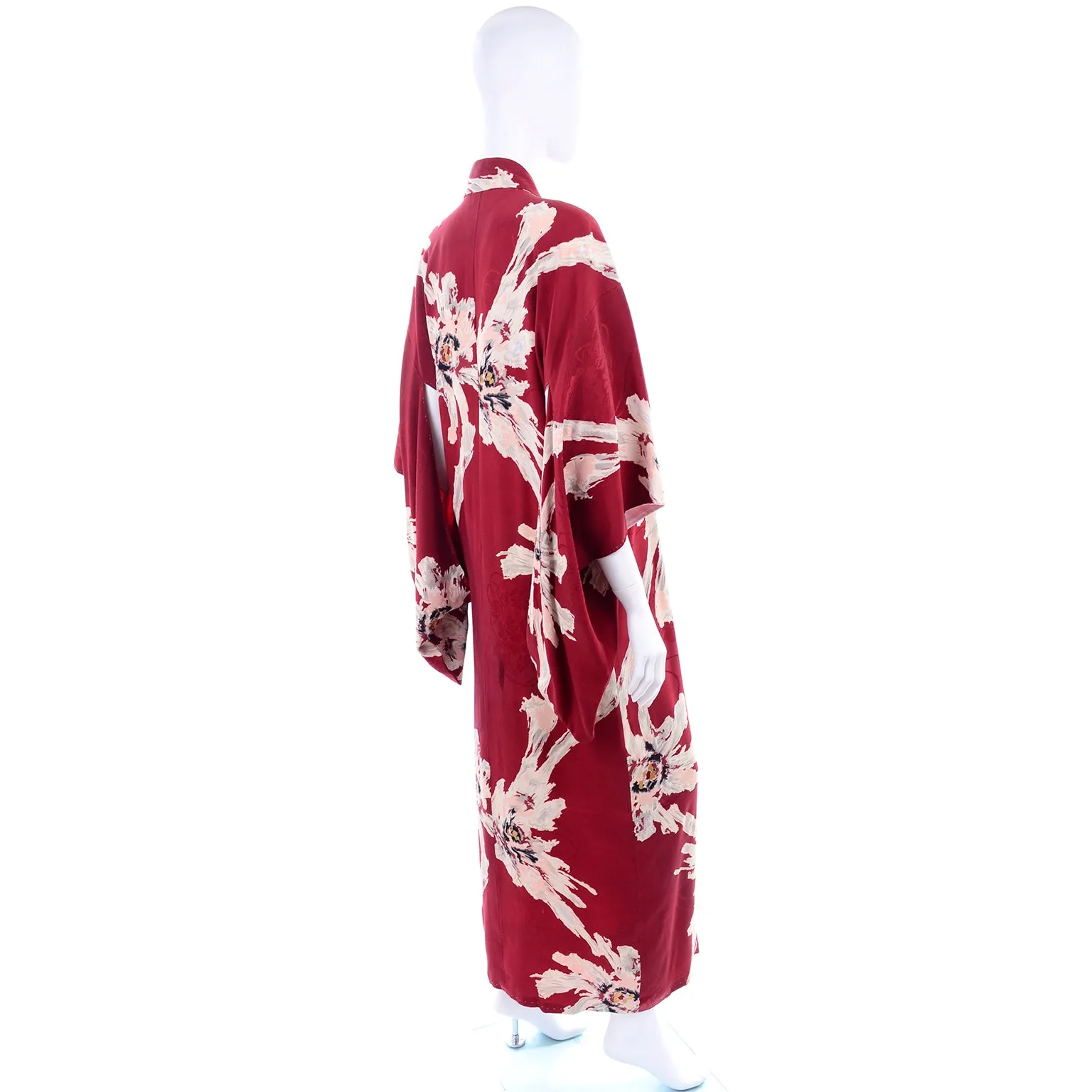 Vintage Floral Burgundy Red Silk Japanese Kimono Robe