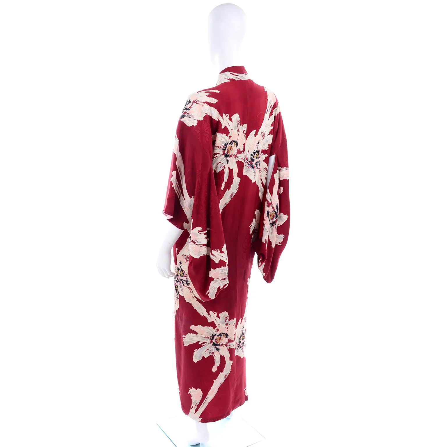 Vintage Floral Burgundy Red Silk Japanese Kimono Robe