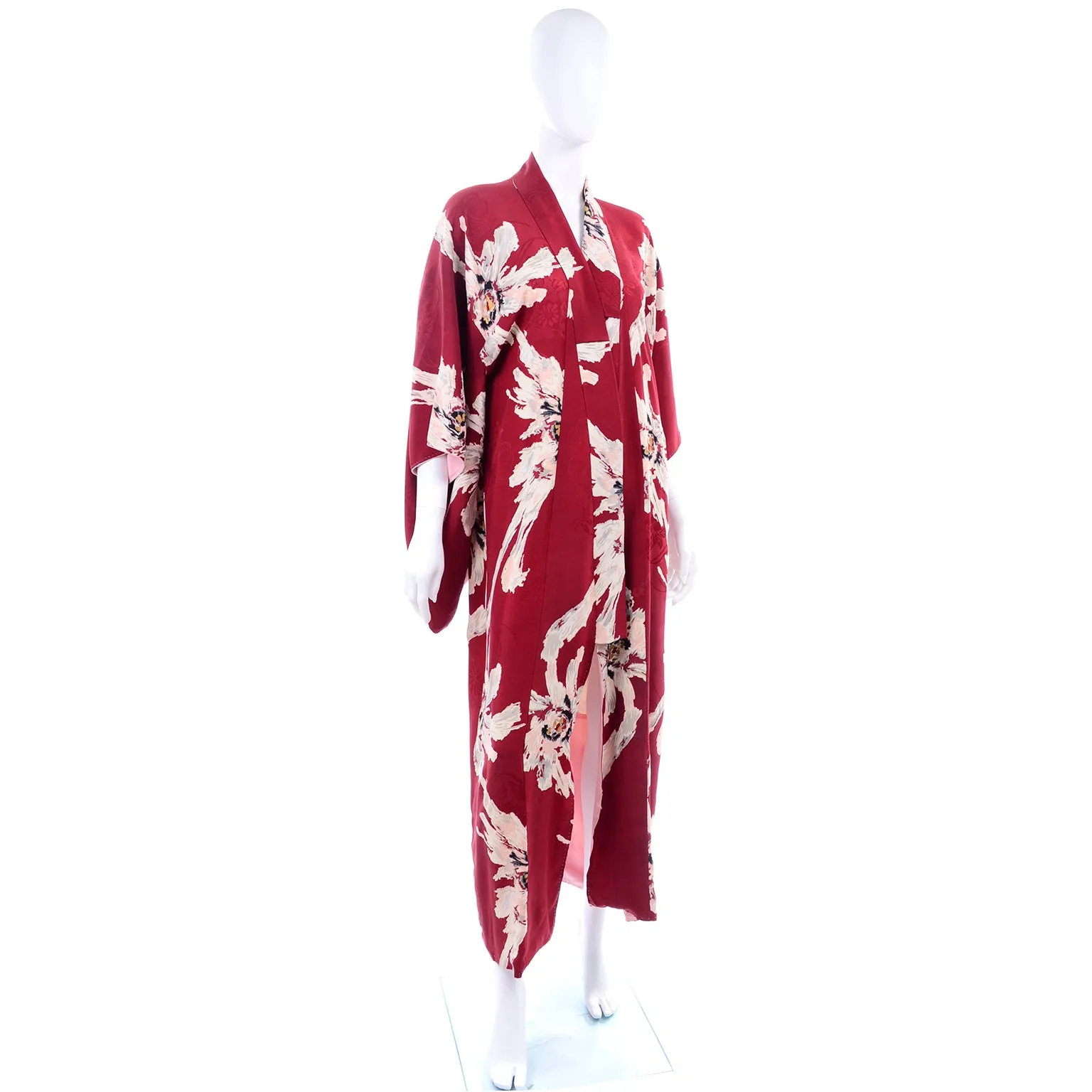 Vintage Floral Burgundy Red Silk Japanese Kimono Robe