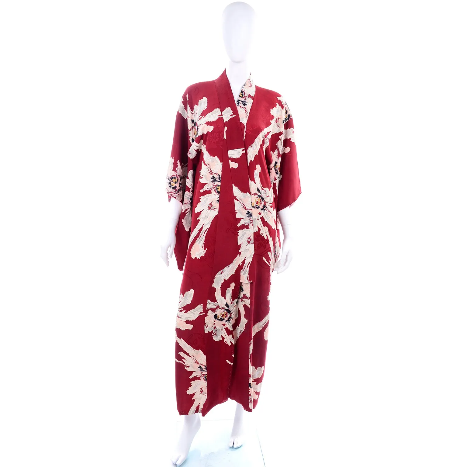 Vintage Floral Burgundy Red Silk Japanese Kimono Robe