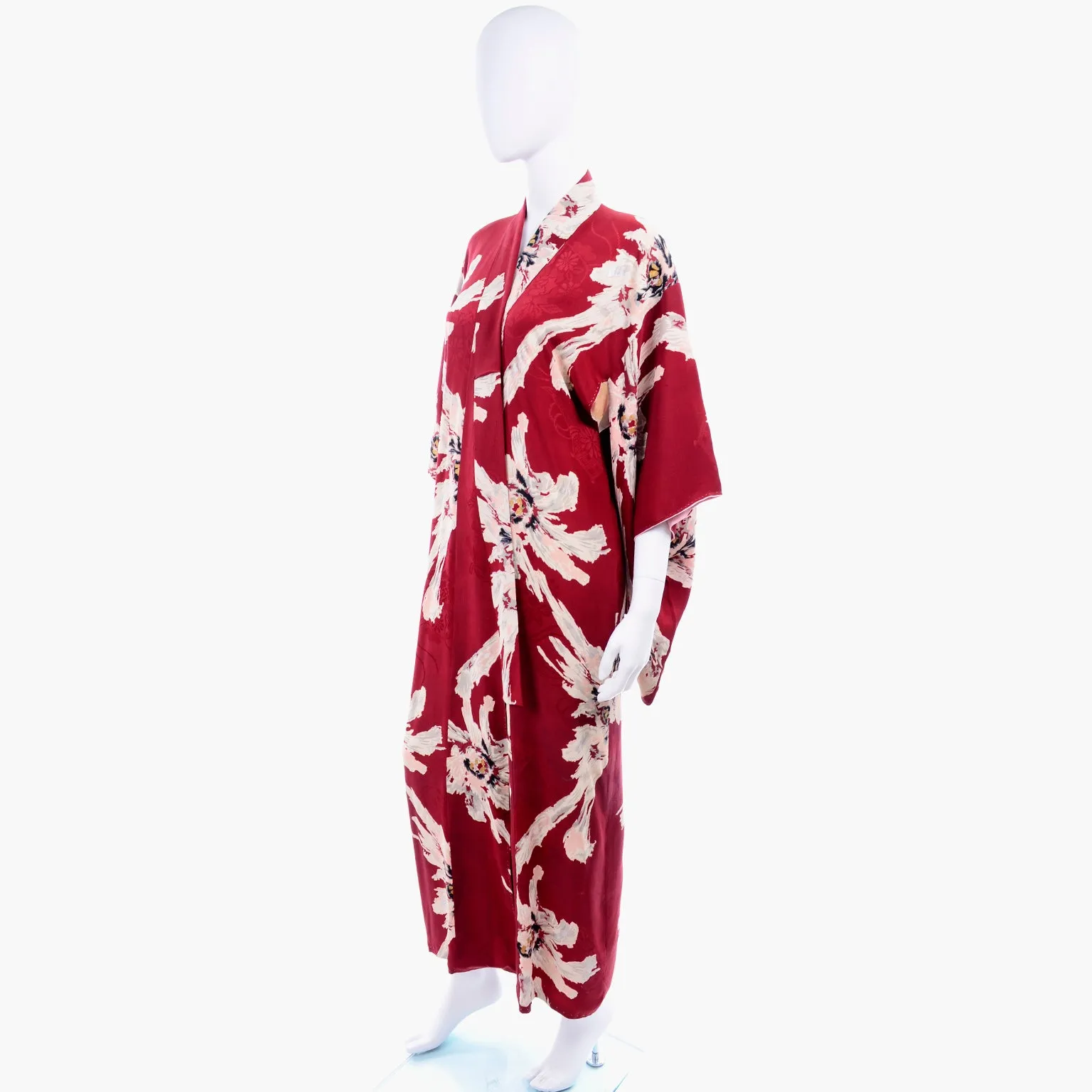 Vintage Floral Burgundy Red Silk Japanese Kimono Robe