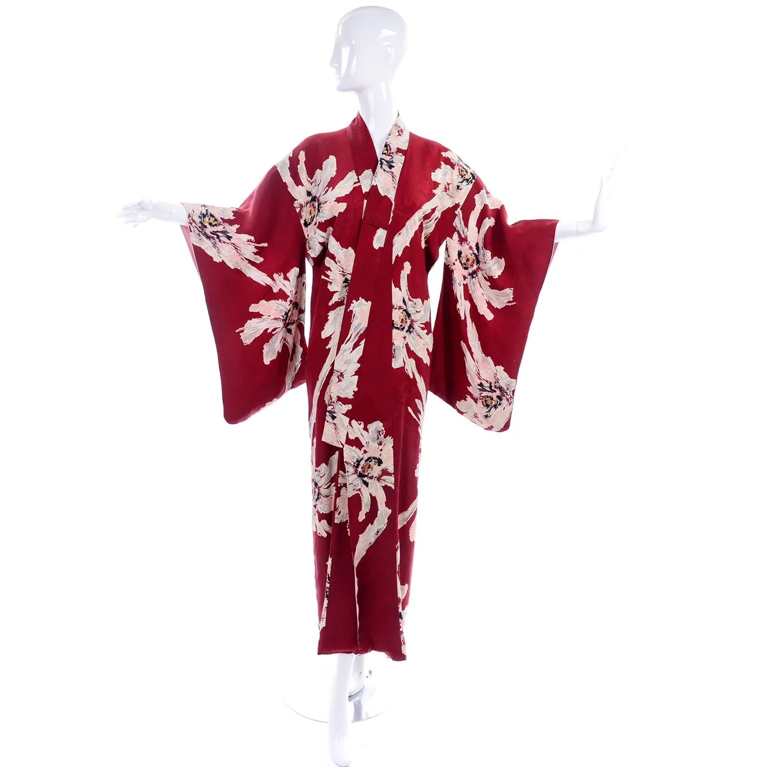 Vintage Floral Burgundy Red Silk Japanese Kimono Robe