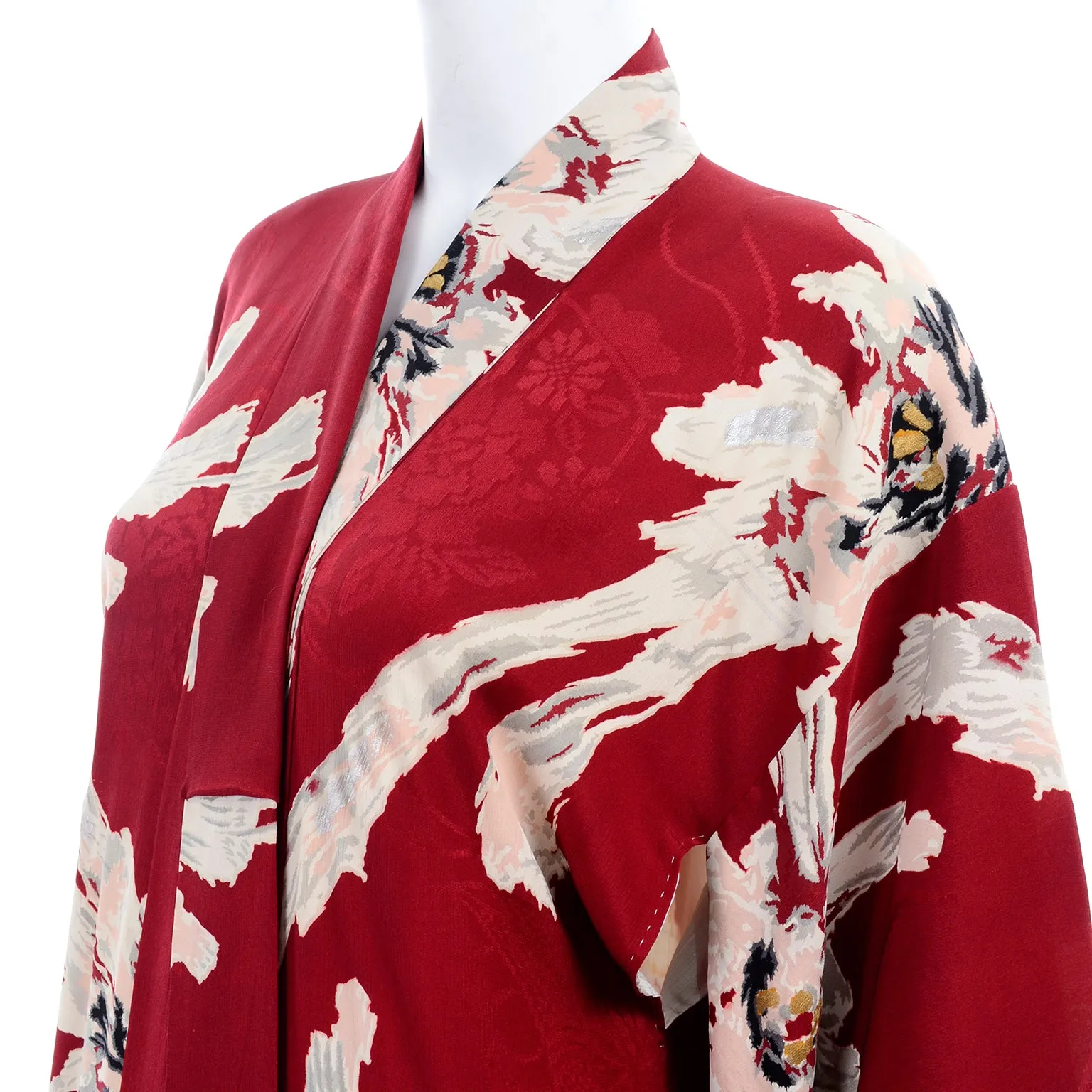 Vintage Floral Burgundy Red Silk Japanese Kimono Robe