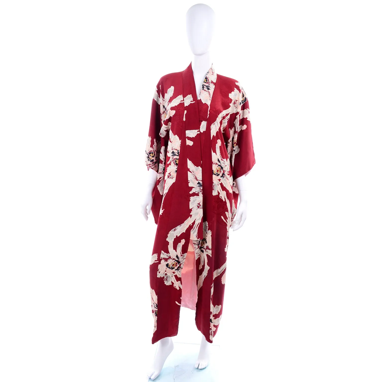 Vintage Floral Burgundy Red Silk Japanese Kimono Robe