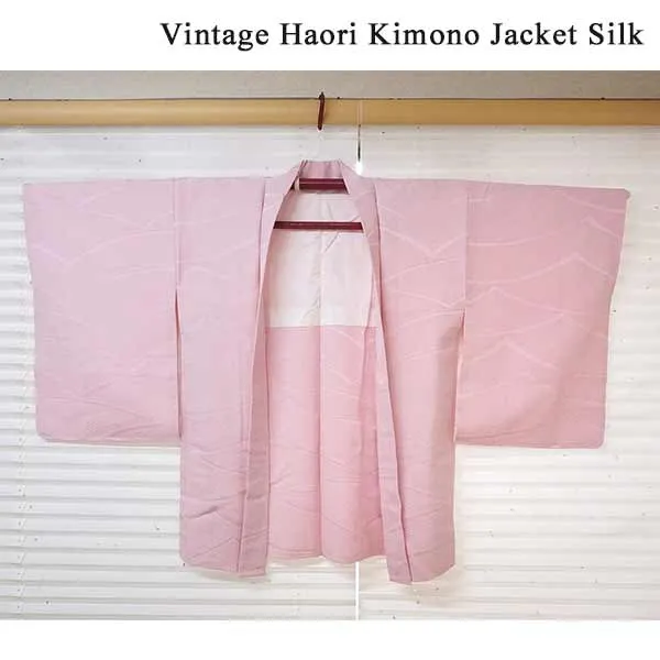 Vintage Haori Kimono Jacket Silk, Pink base, Wave Pattern