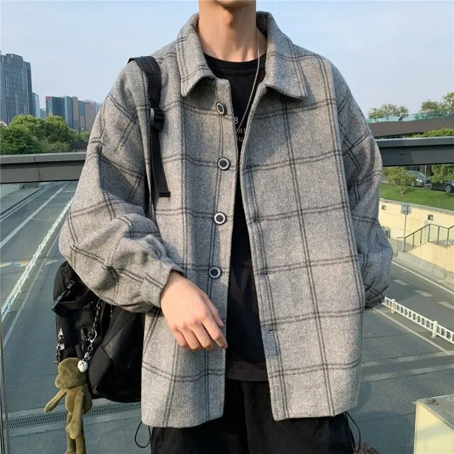 Voguable Men Korean Style Overcoat Wool Plaid Men's Streetwear Windbreaker Harajuku Fashions Oversize Jackets Coats