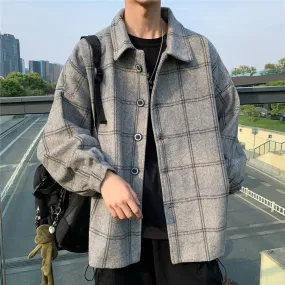 Voguable Men Korean Style Overcoat Wool Plaid Men's Streetwear Windbreaker Harajuku Fashions Oversize Jackets Coats