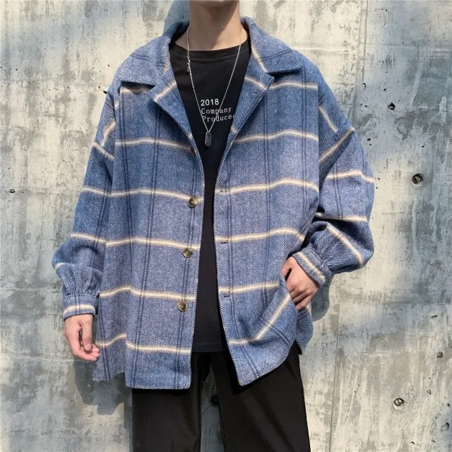Voguable Men Korean Style Overcoat Wool Plaid Men's Streetwear Windbreaker Harajuku Fashions Oversize Jackets Coats