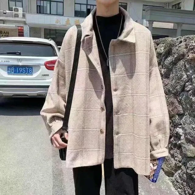 Voguable Men Korean Style Overcoat Wool Plaid Men's Streetwear Windbreaker Harajuku Fashions Oversize Jackets Coats