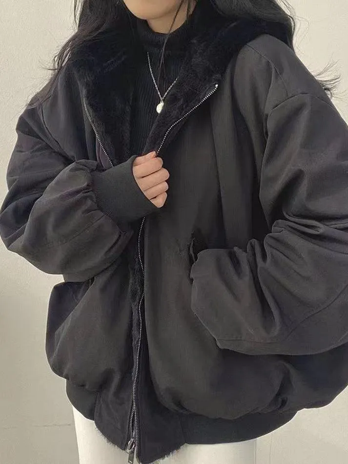 Wenkouban-Spring Casual Outfits Y2K Outfits Reversible Oversize Fleece Hooded Jacket