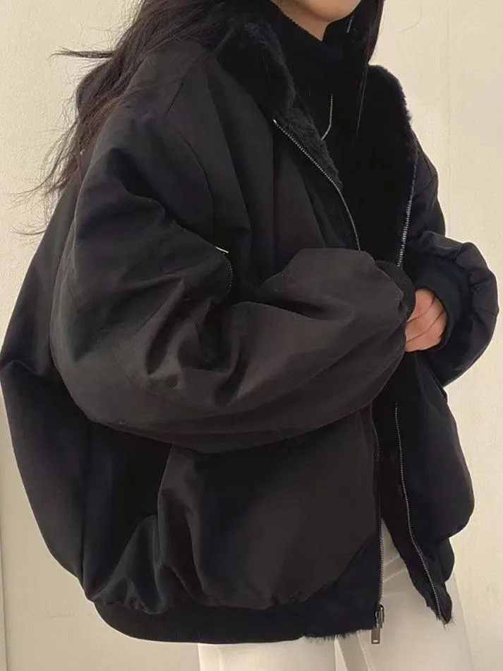 Wenkouban-Spring Casual Outfits Y2K Outfits Reversible Oversize Fleece Hooded Jacket