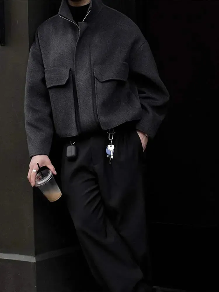 Wiaofellas  -  Men's Trendy Woolen Jacket 204 Autumn Winter Long Sleeve Pocket Zipper Thicked Coat Male Cropped Trench Thicken Woollen Overcoat