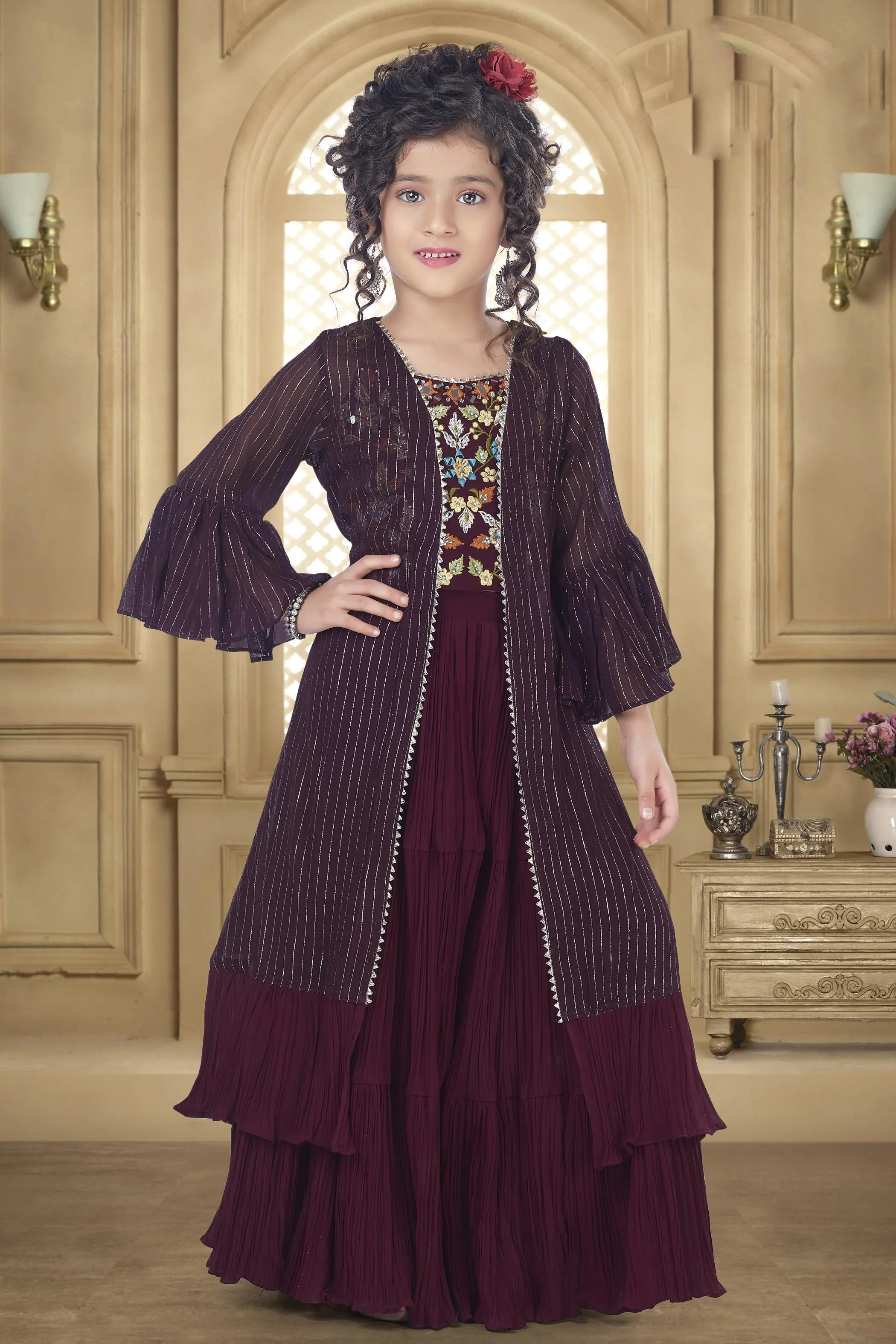 Wine Mirror, Stone, Thread and Zari work Overcoat Styled Sharara Set For Girls