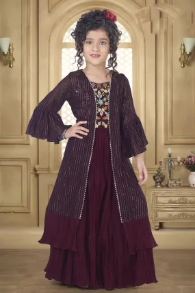 Wine Mirror, Stone, Thread and Zari work Overcoat Styled Sharara Set For Girls